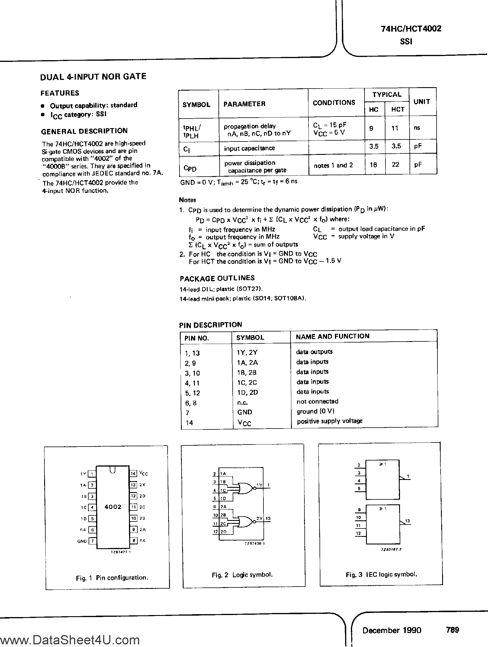Datasheet PC74HC4002 - (It is accurate) Dual 4-Input NOR Gate page 1