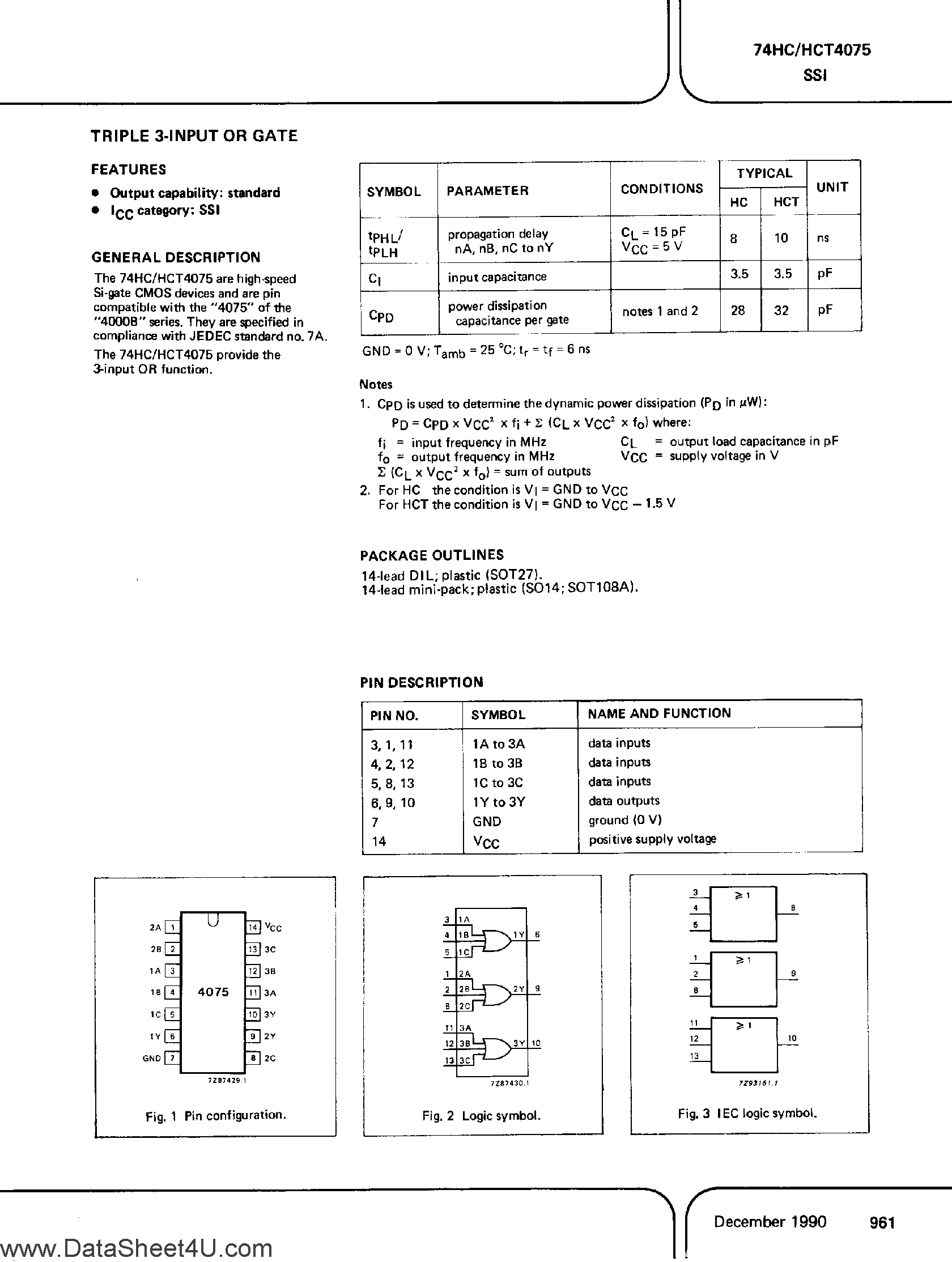 Datasheet PC74HC4075 - (It is accurate) Triple 3-Input OR Gate page 1