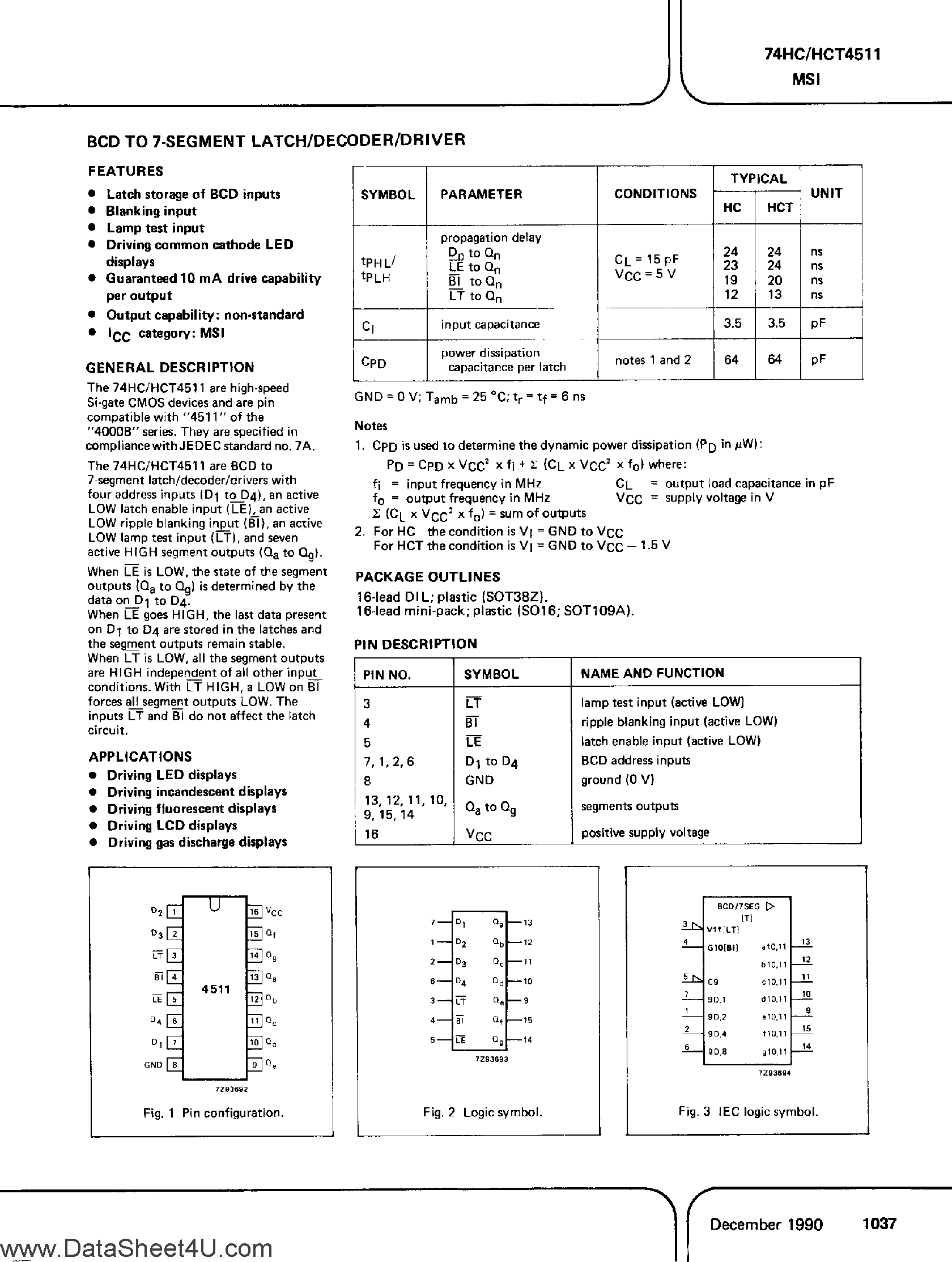 Datasheet PC74HC4511 - (It is accurate) BCD to 7-Segment Latch / Decoder / Driver page 1