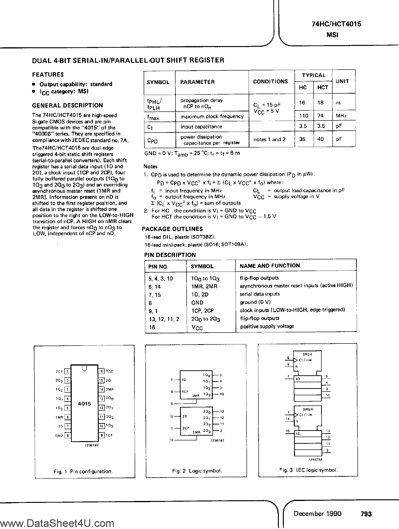 Datasheet PC74HC4015 - (It is accurate) Dual 4-Bit Serial-In / Parallel-Out Shift Register page 1