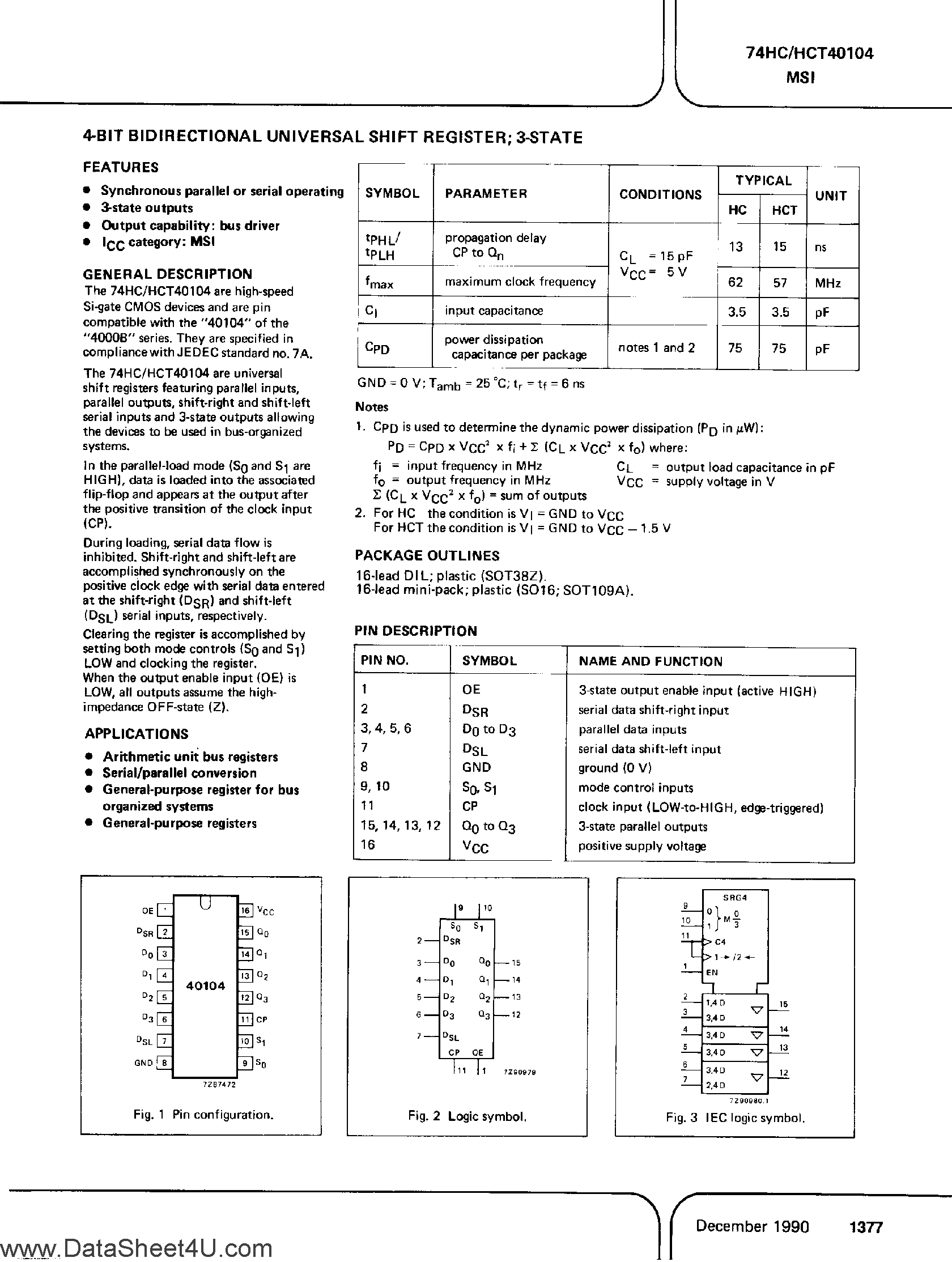 Datasheet PC74HC40104 - (It is accurate) 4-Bit Bidirectional Universal Shift Register page 1