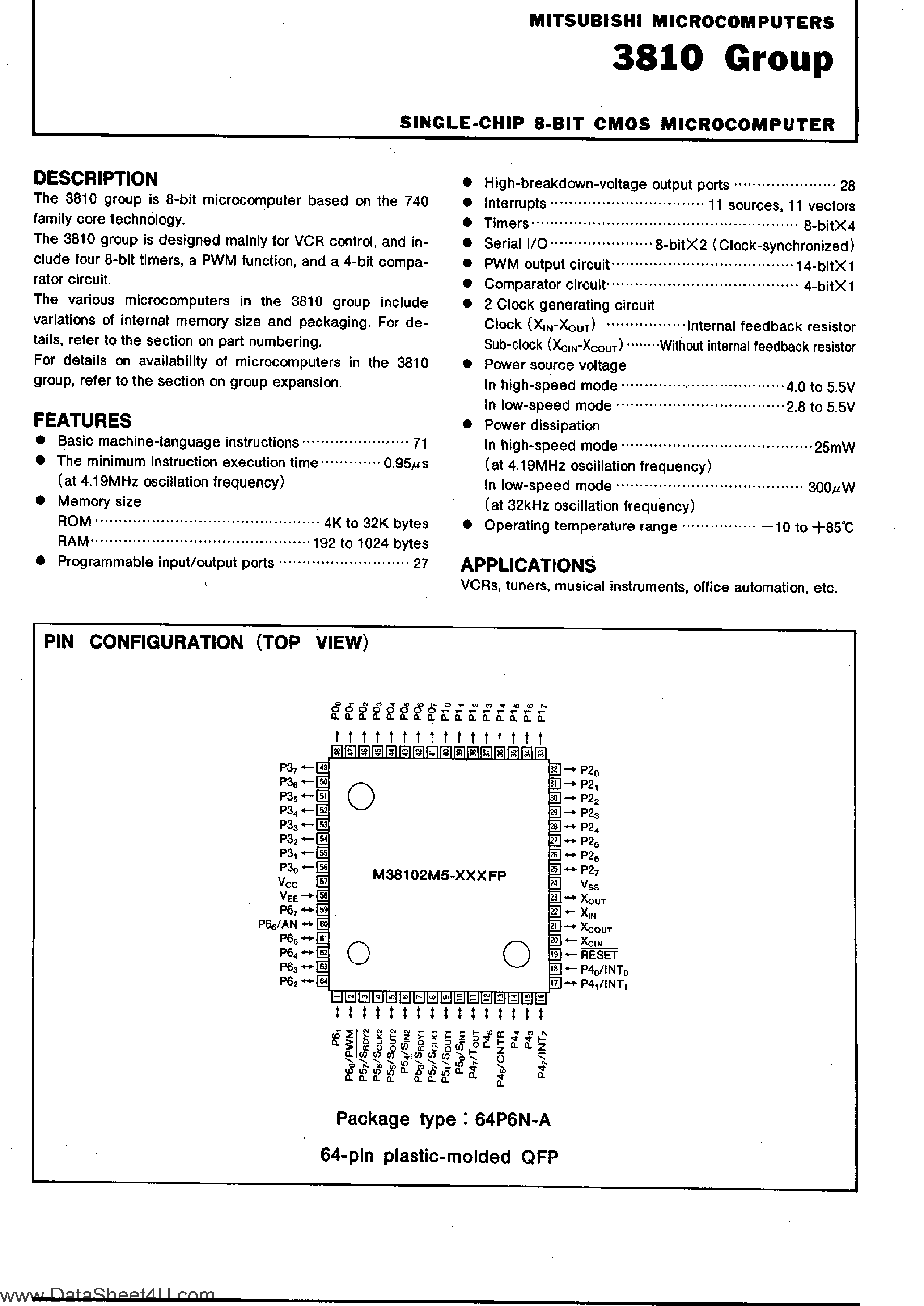 Datasheet M38102M4-xxx - (M38102Mx-xxx) Single-Chip 8-Bit CMOS Microcomputer page 1