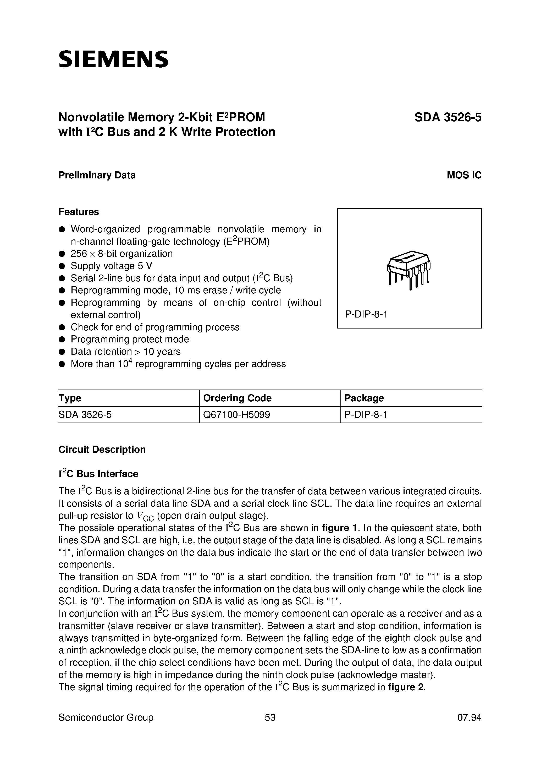 Datasheet SDA3526-5 - Nonvolatile Memory 2K-Bit EPROM page 1
