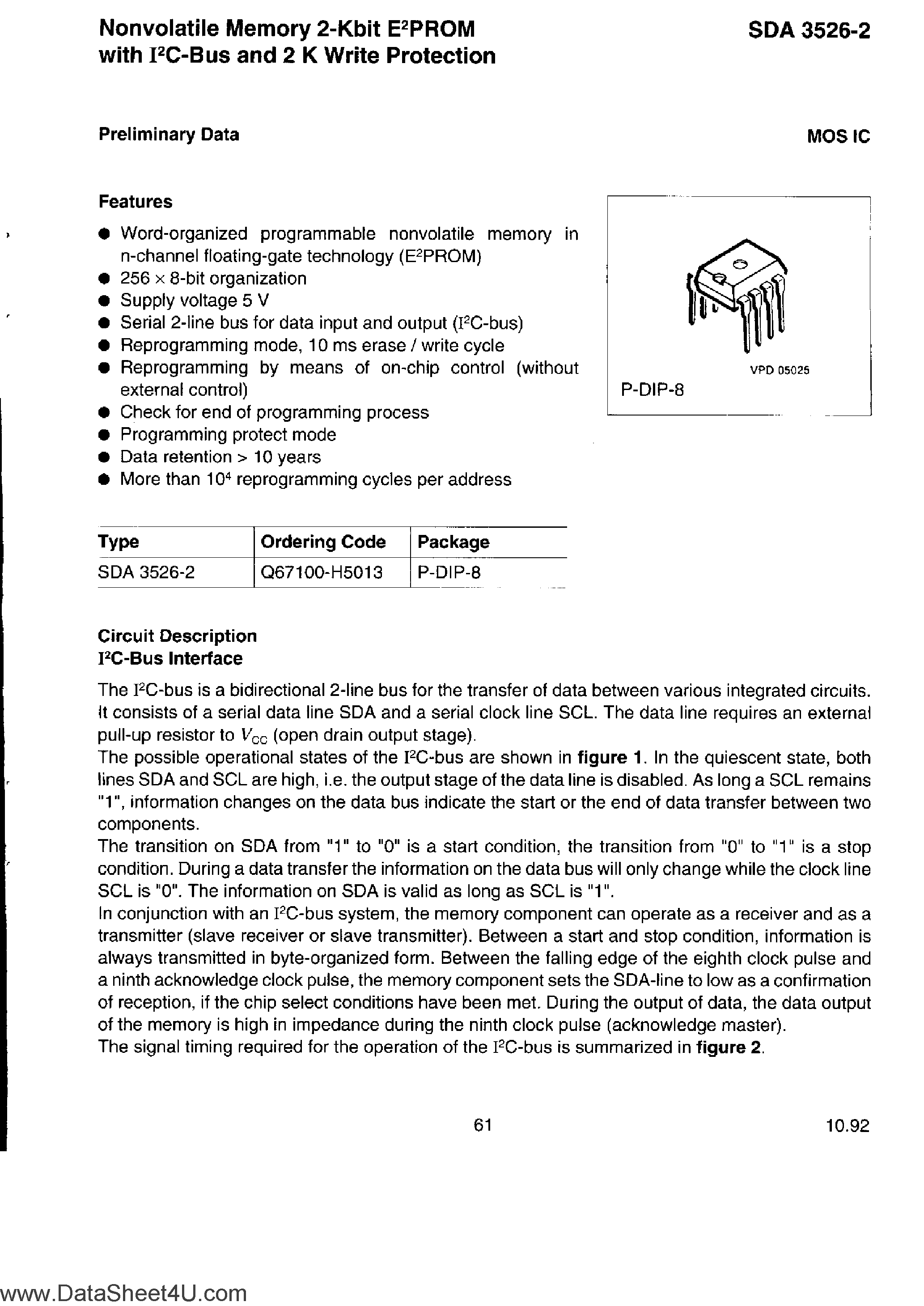 Datasheet SDA3526-2 - Nonvolatile Memory 2K-Bit EPROM page 1