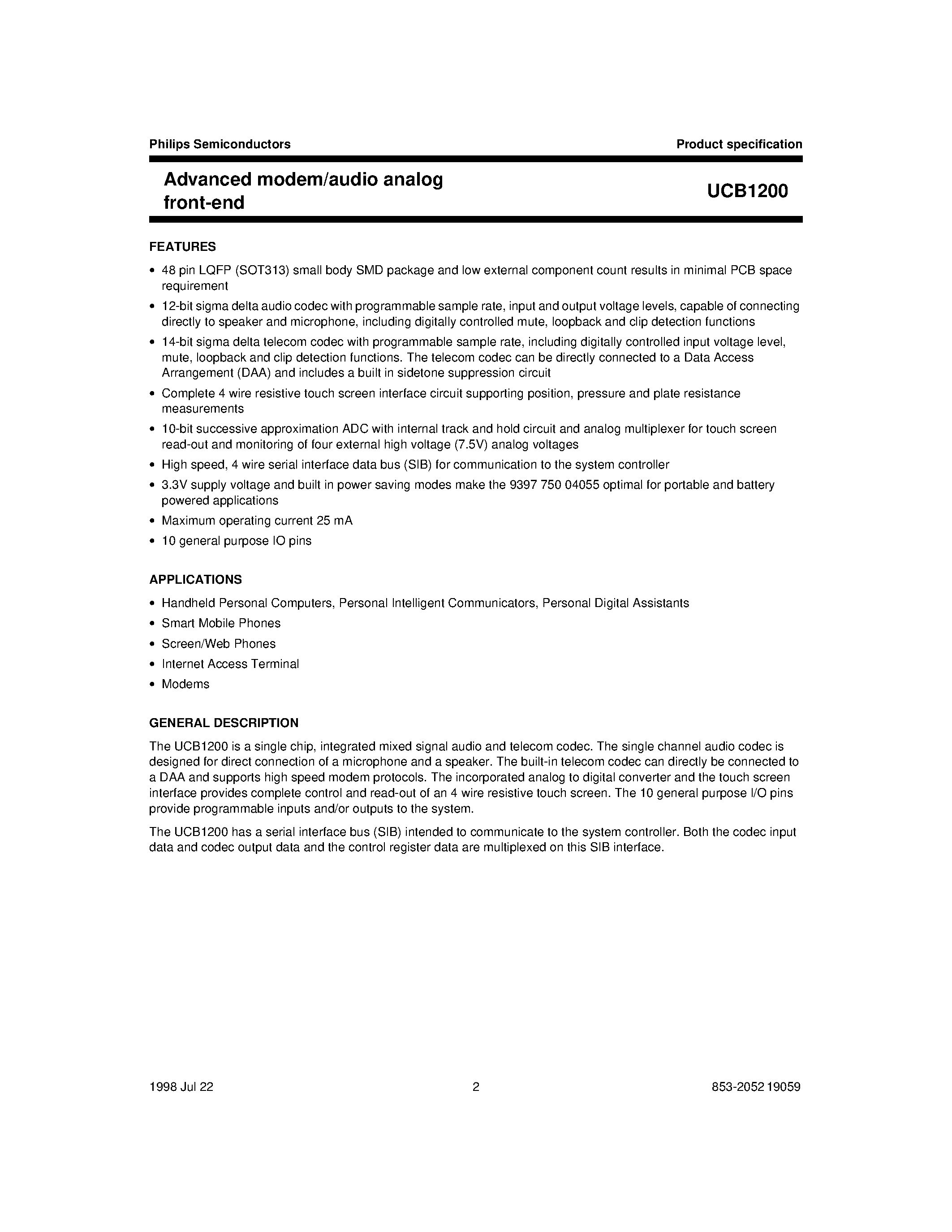 Datasheet UCB1200 - Advanced modem/audio analog front-end page 2