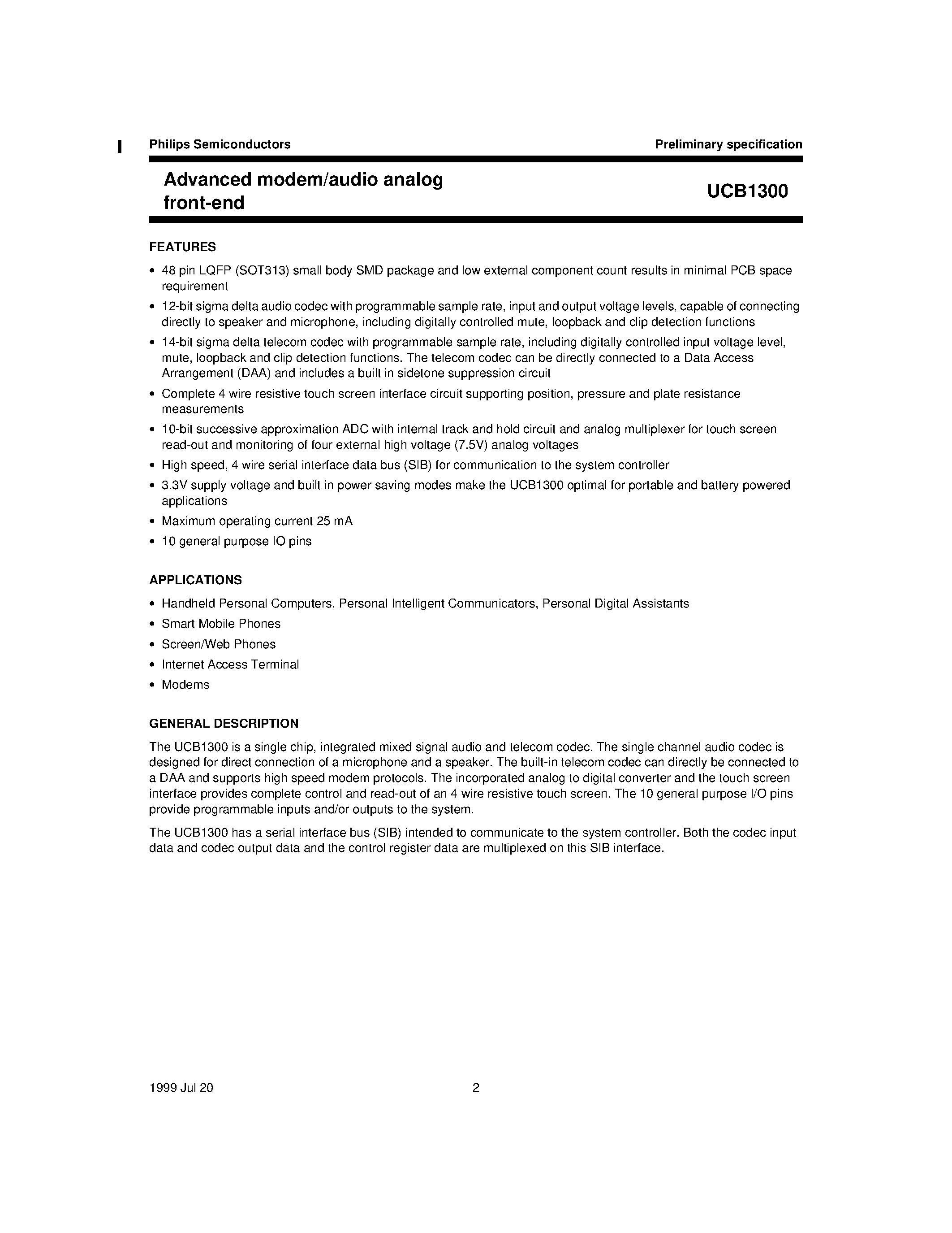 Datasheet UCB1300 - Advanced modem/audio analog front-end page 2