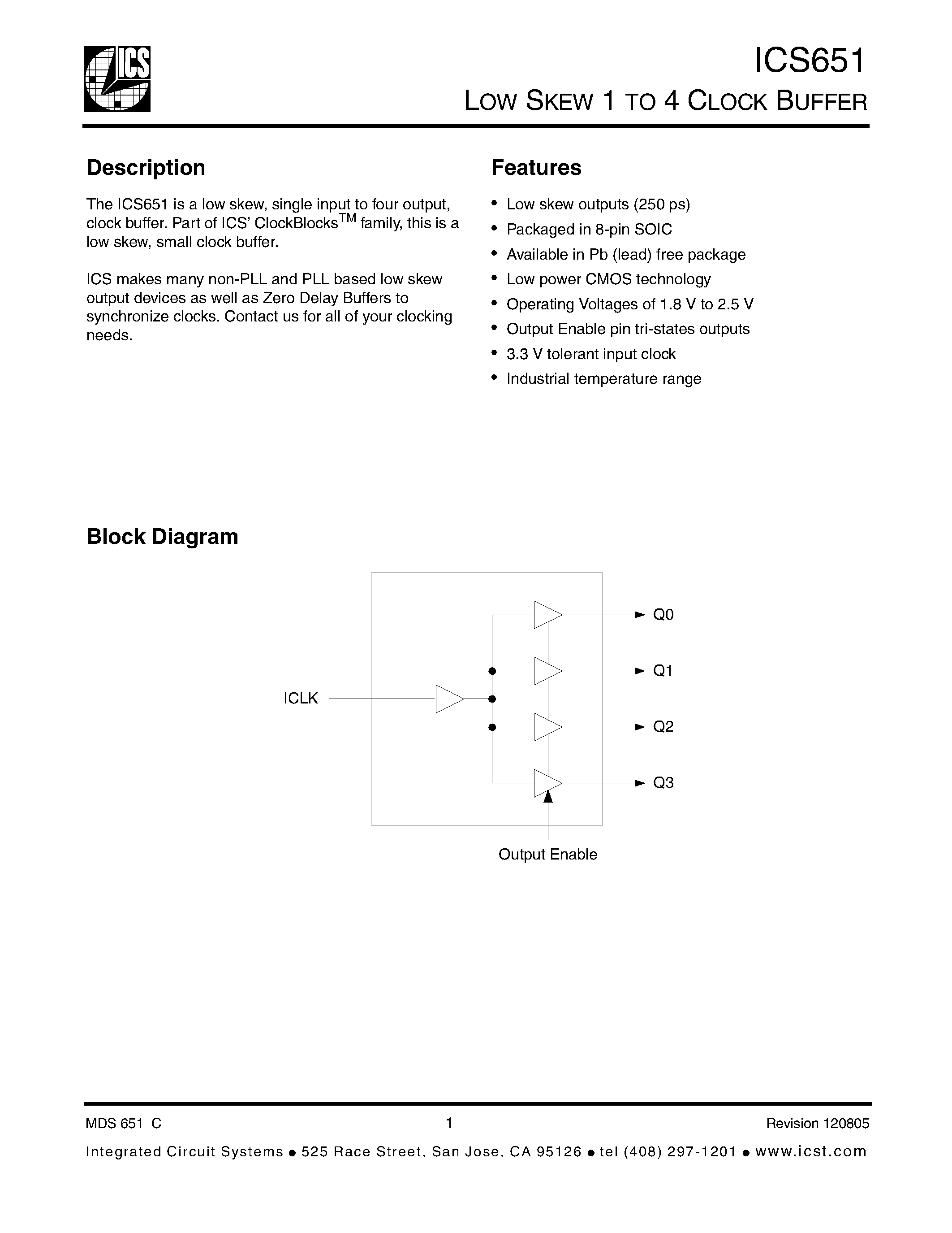 Datasheet ICS651 - LOW SKEW 1 TO 4 CLOCK BUFFER page 1
