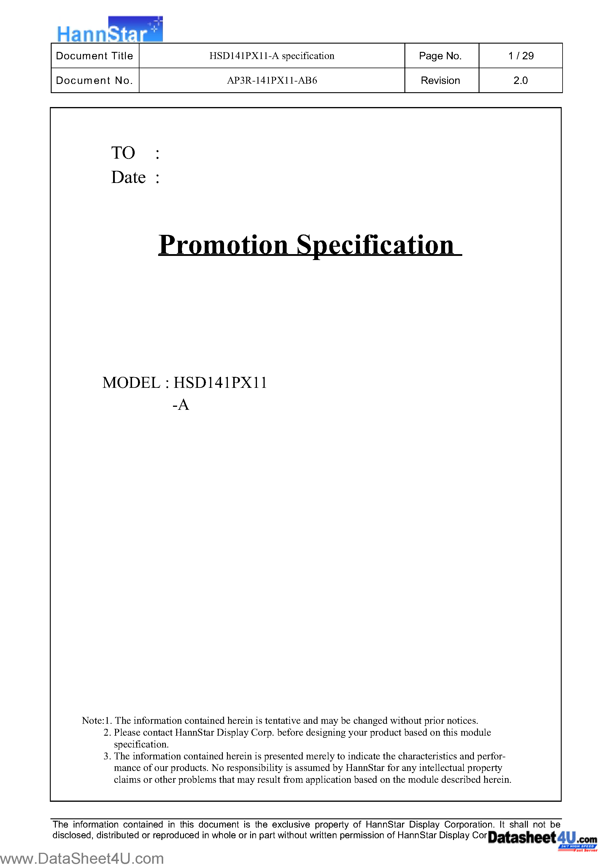 Datasheet HSD141PX11-A - LCD Module page 1