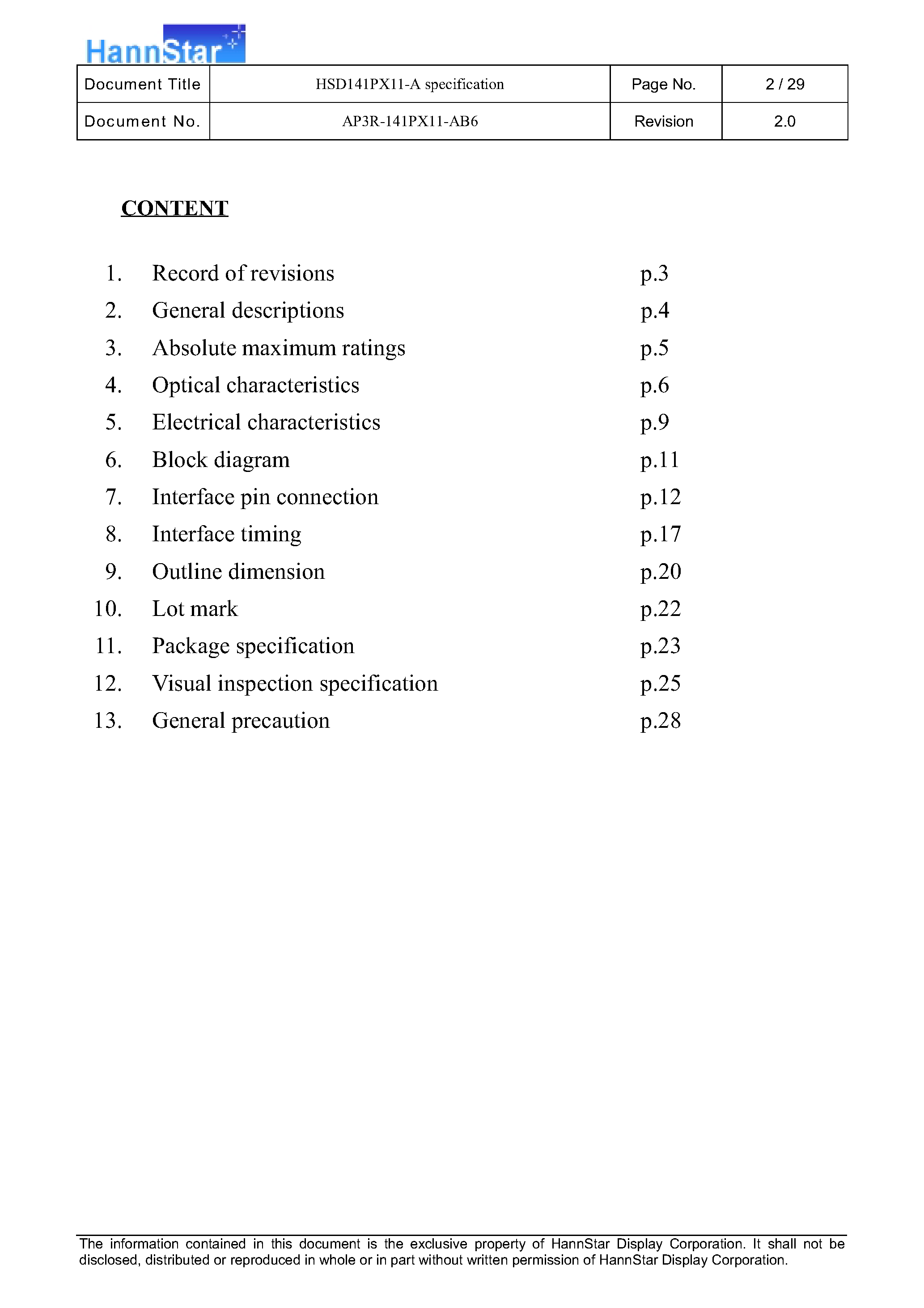 Datasheet HSD141PX11-A - LCD Module page 2