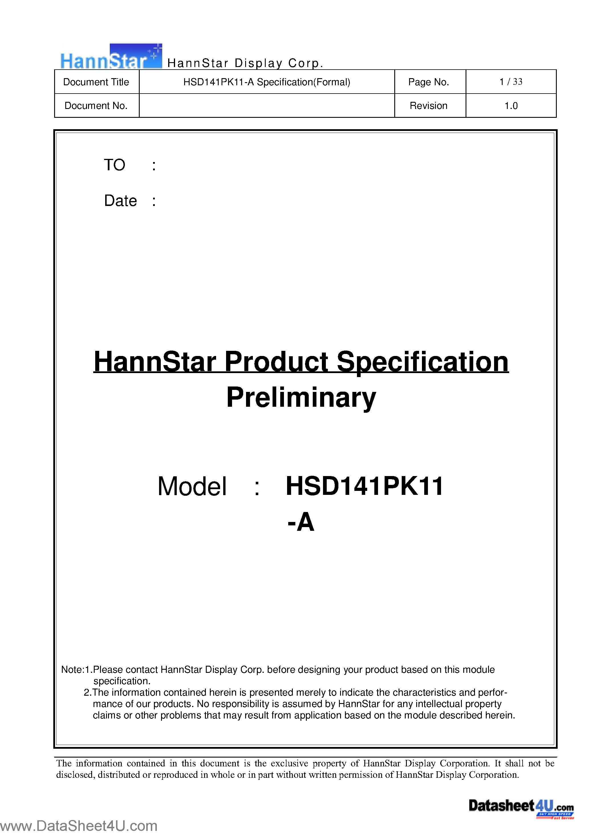 Datasheet HSD141PK11-A - LCD Module page 1