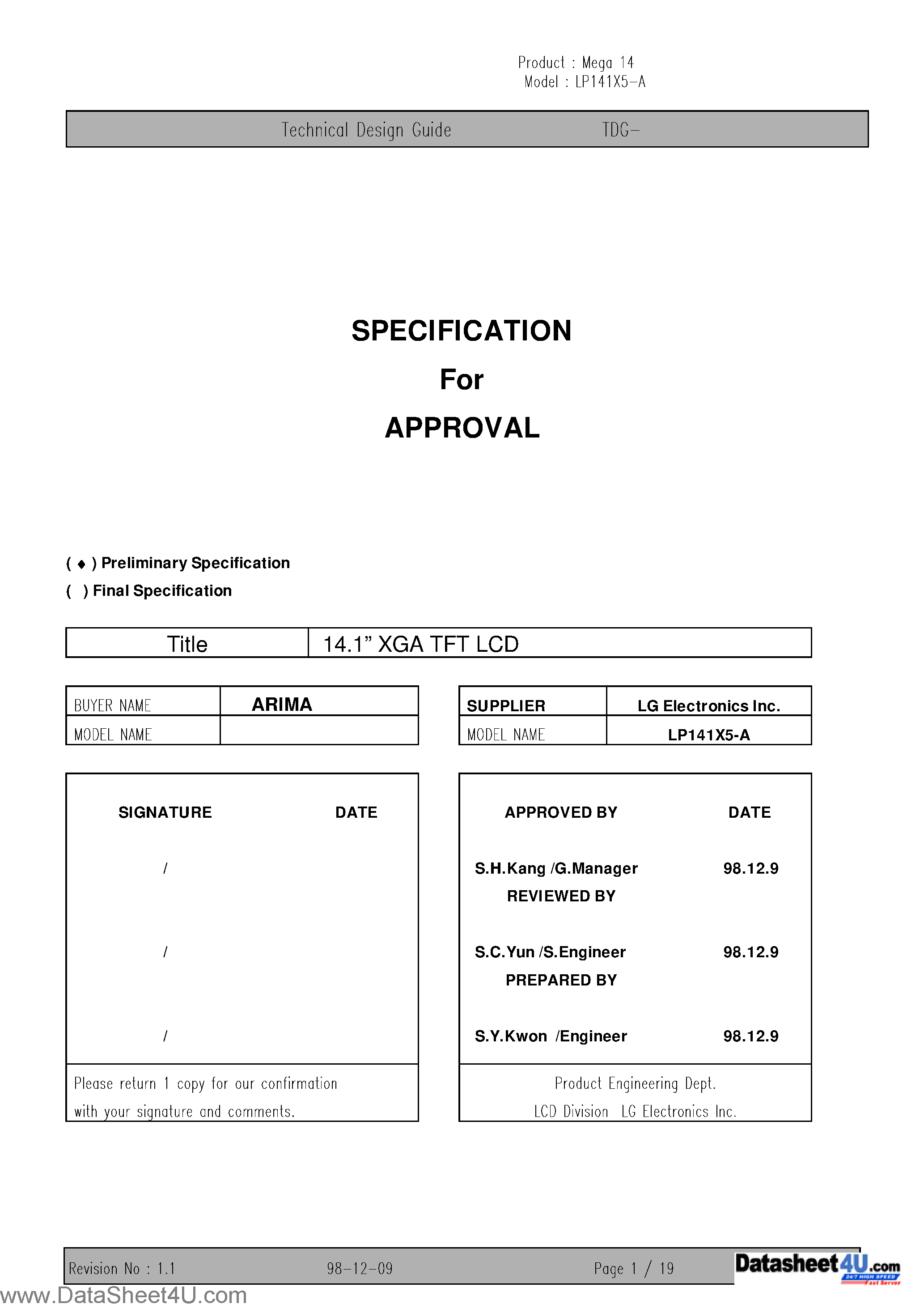 Datasheet LP141X5-A - LCD Module page 1