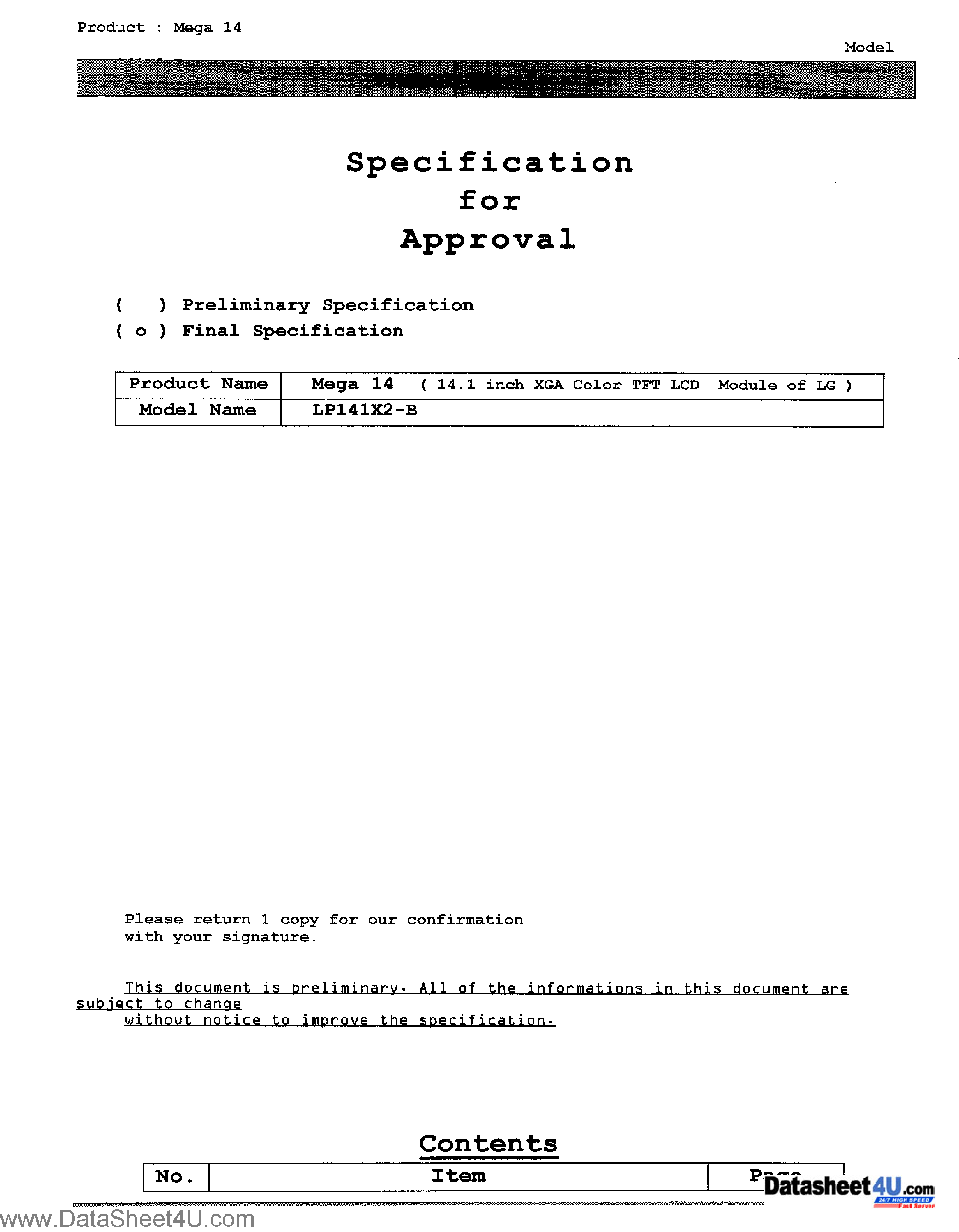Datasheet LP141X2-B page 1 Datasheet LP141X2-B - LCD Module page 1