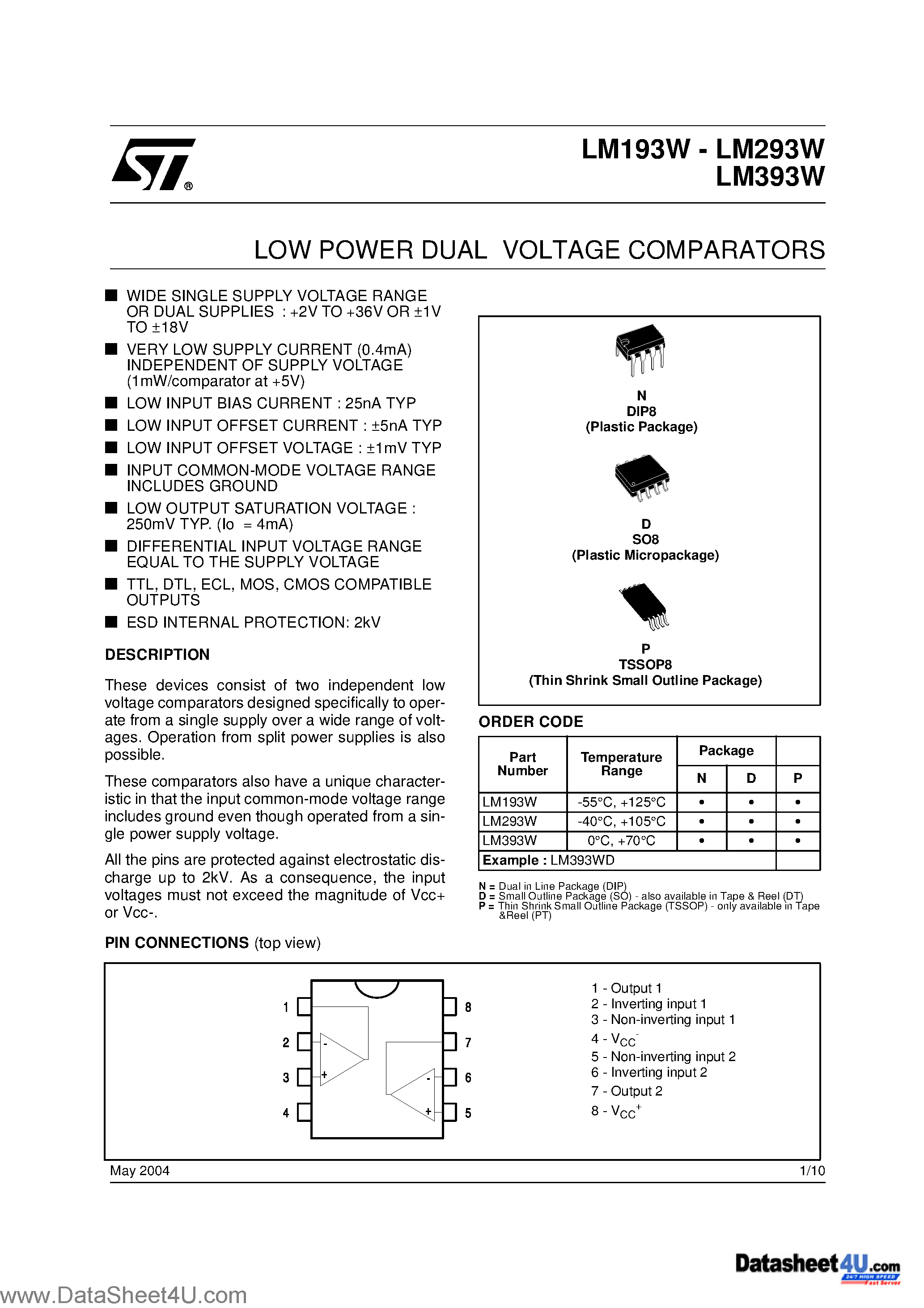 Datasheet LM193W - LOW POWER DUAL VOLTAGE COMPARATORS page 1