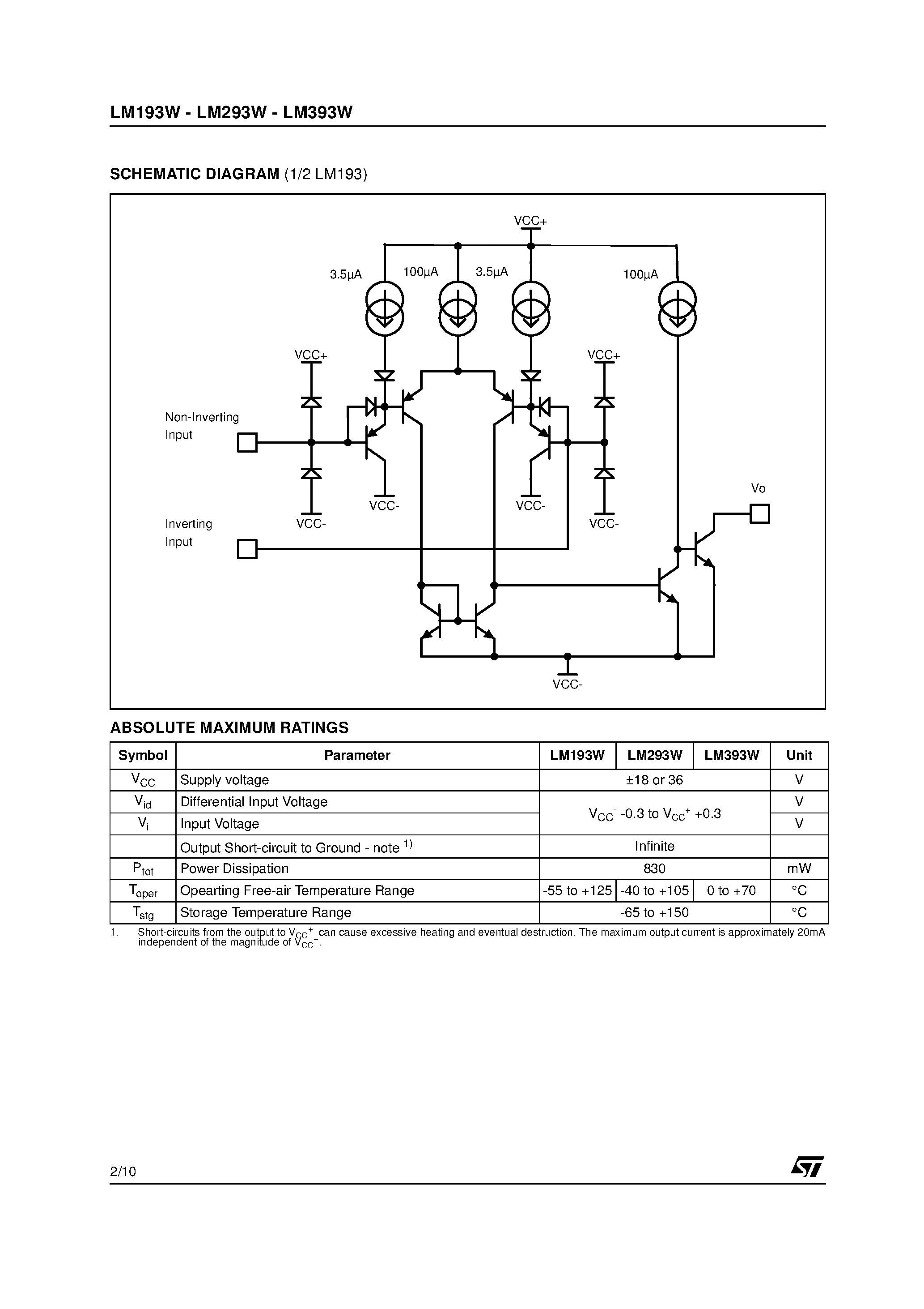 Datasheet LM193W - LOW POWER DUAL VOLTAGE COMPARATORS page 2