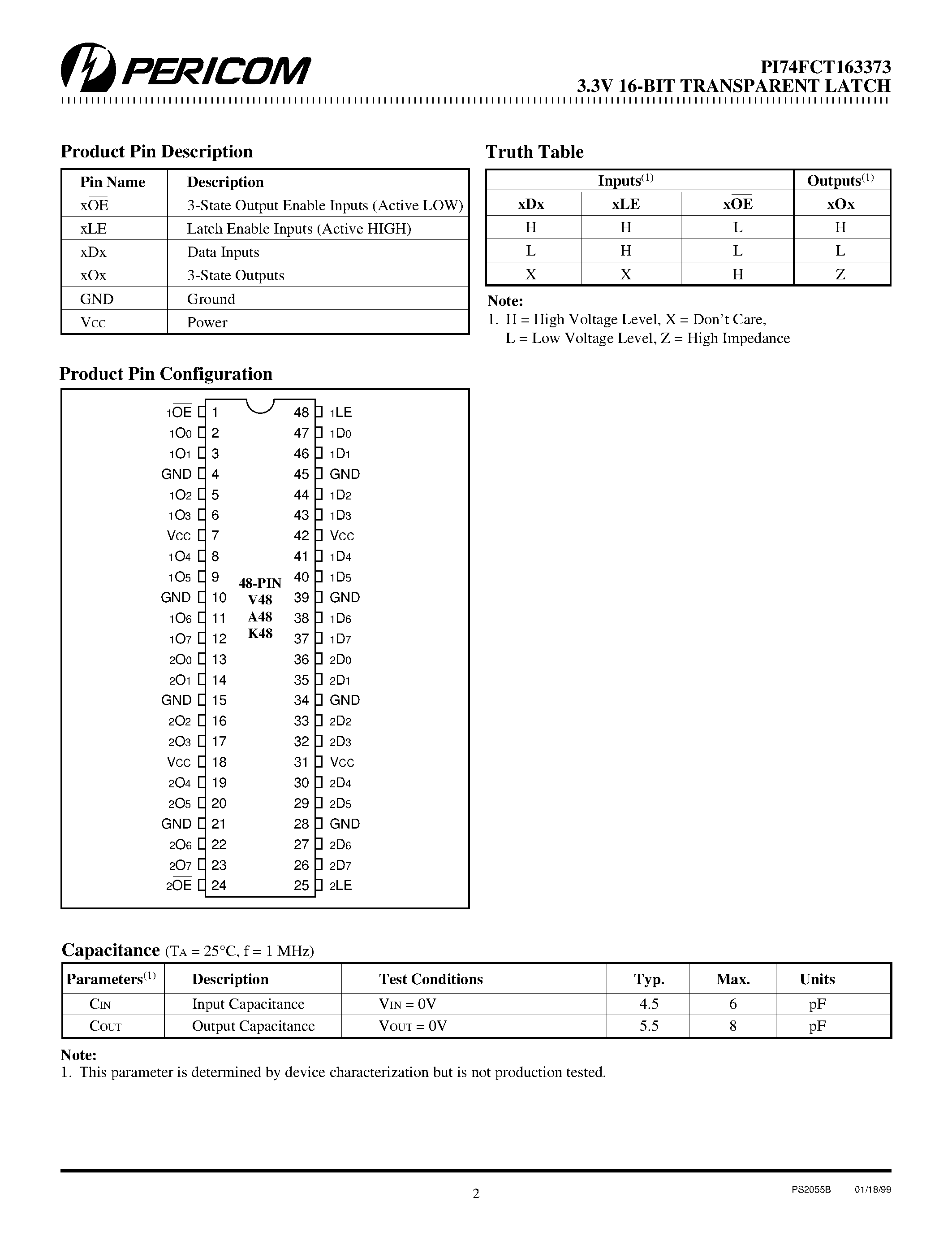Datasheet PI74FCT163373 page 2 Datasheet PI74FCT163373 - Fast CMOS 3.3V 16-Bit Transparent Latch page 2