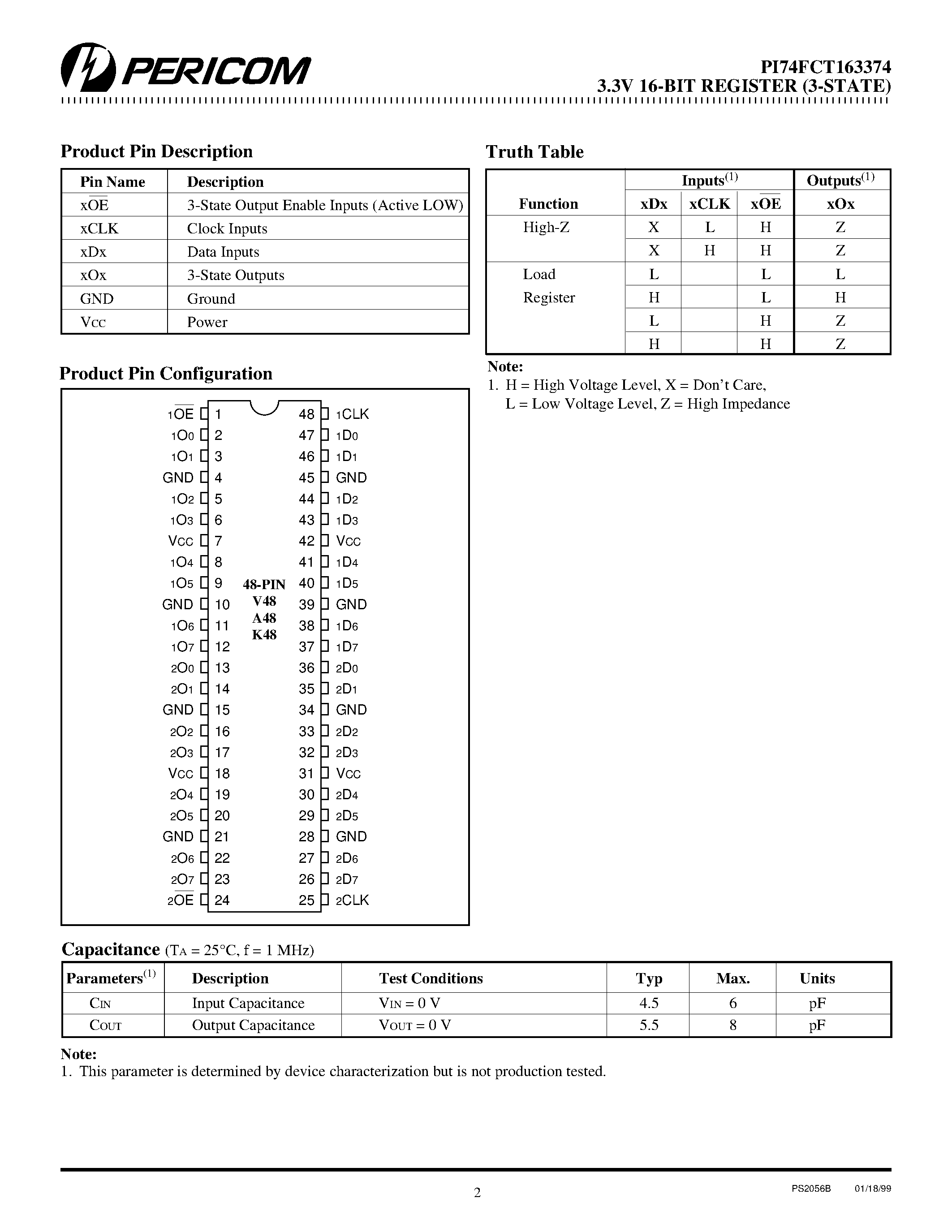 Datasheet PI74FCT163374 page 2 Datasheet PI74FCT163374 - Fast CMOS 3.3V 16-Bit Register (3-State) page 2