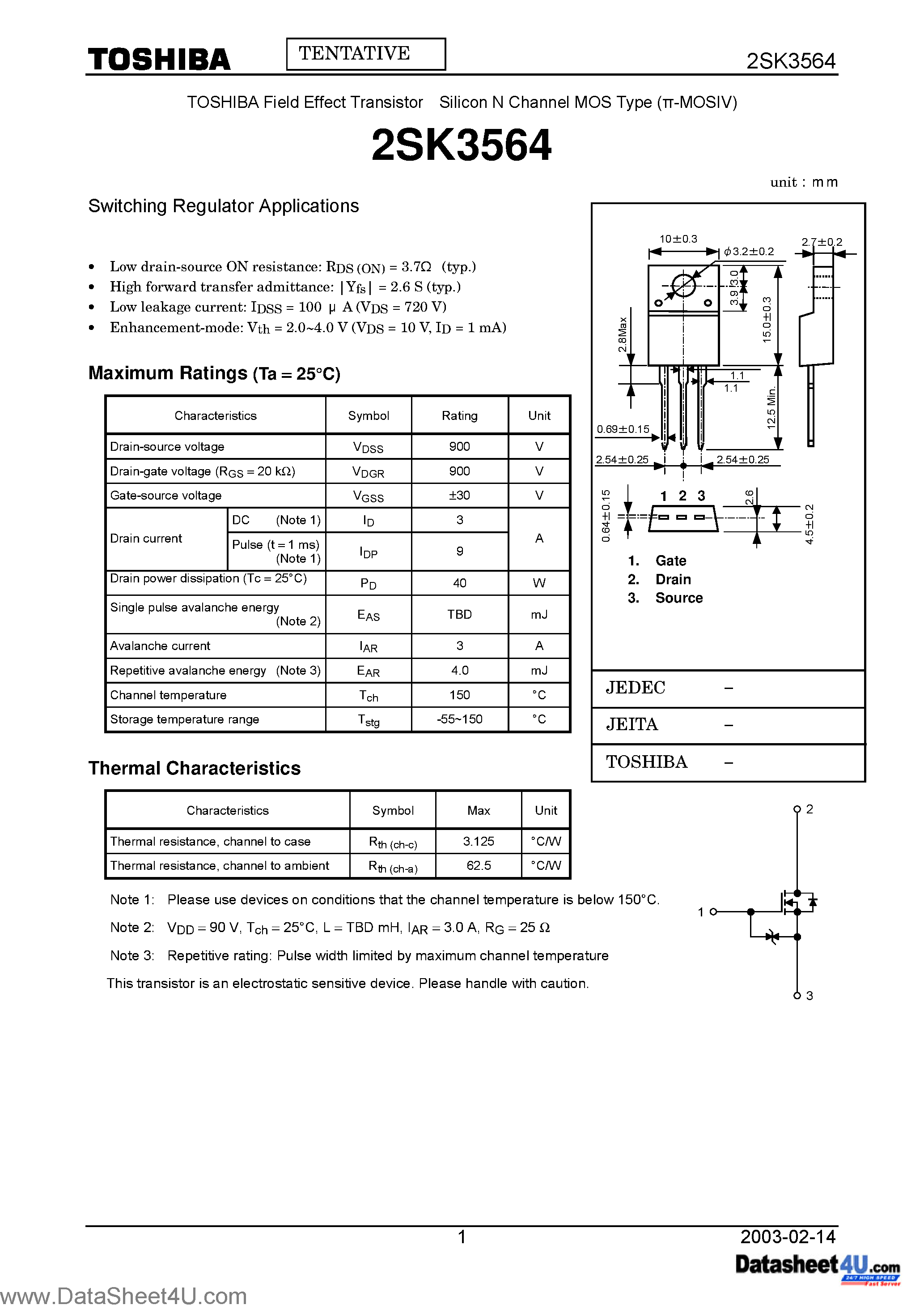 Datasheet 2SK3564 - TOSHIBA Field Effect Transistor Silicon N Channel MOS Type (PIE-MOS4) page 1