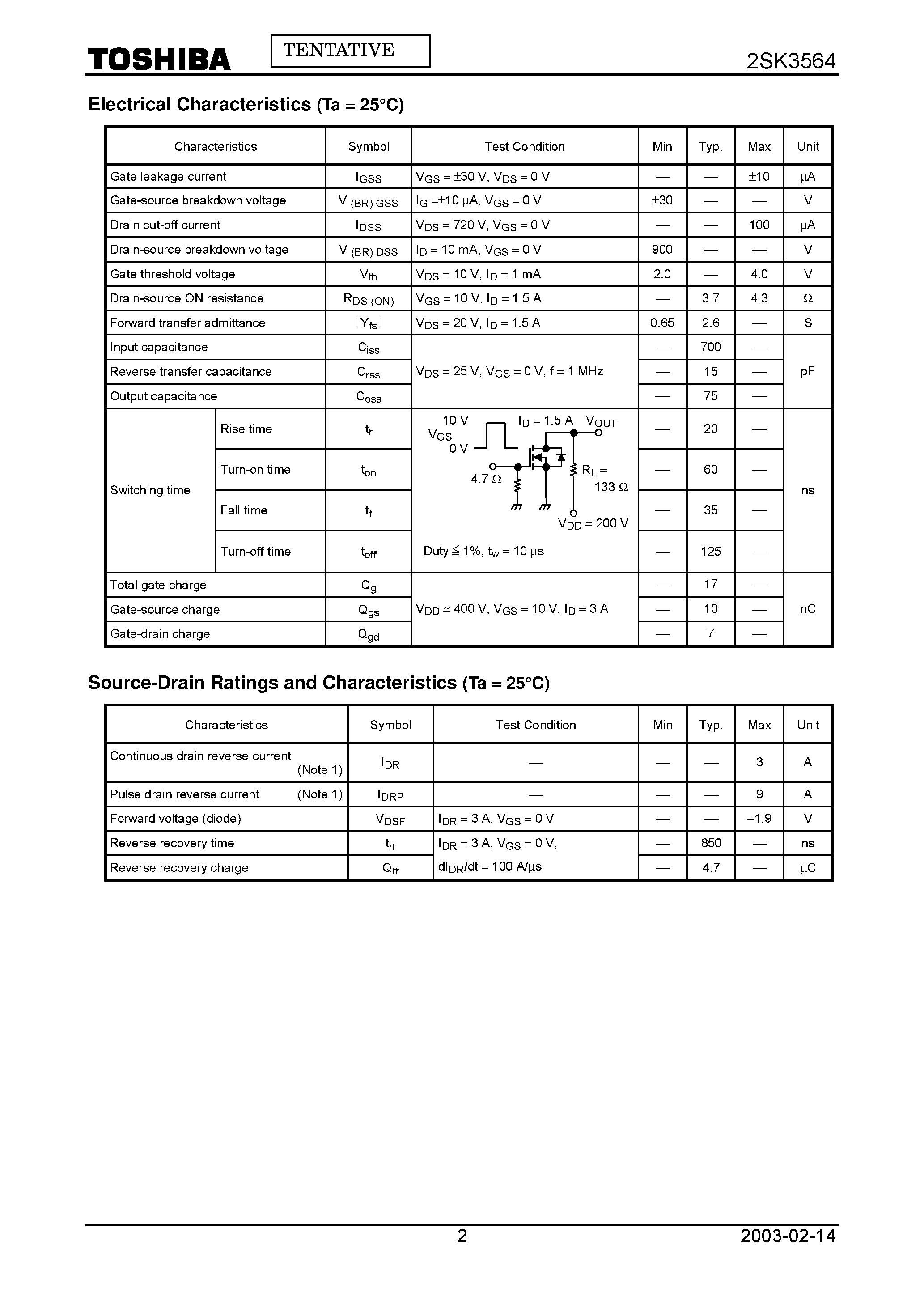Datasheet 2SK3564 - TOSHIBA Field Effect Transistor Silicon N Channel MOS Type (PIE-MOS4) page 2