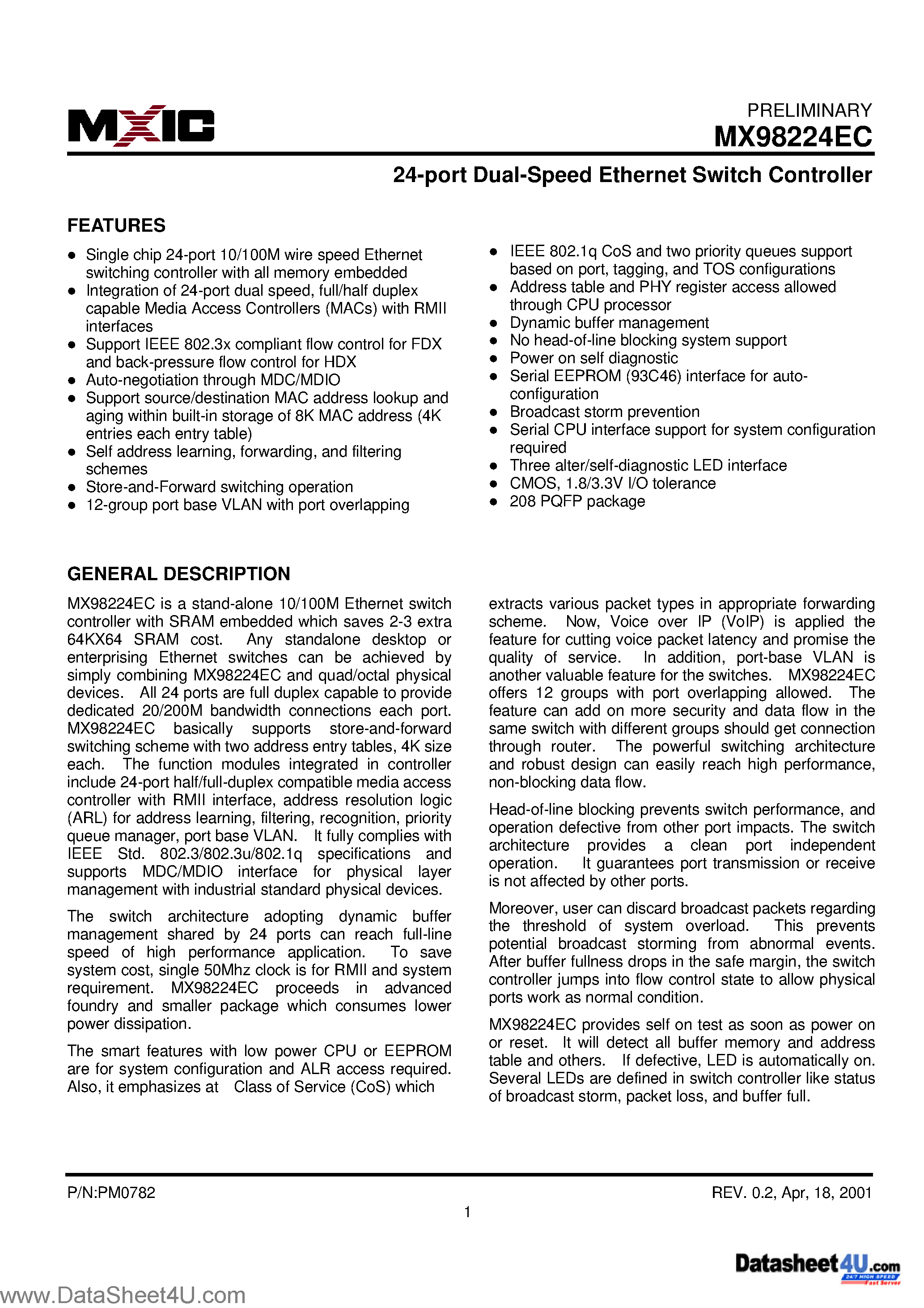 Datasheet MX98224EC page 1 Datasheet MX98224EC - 24-port Dual-Speed Ethernet Switch Controller page 1