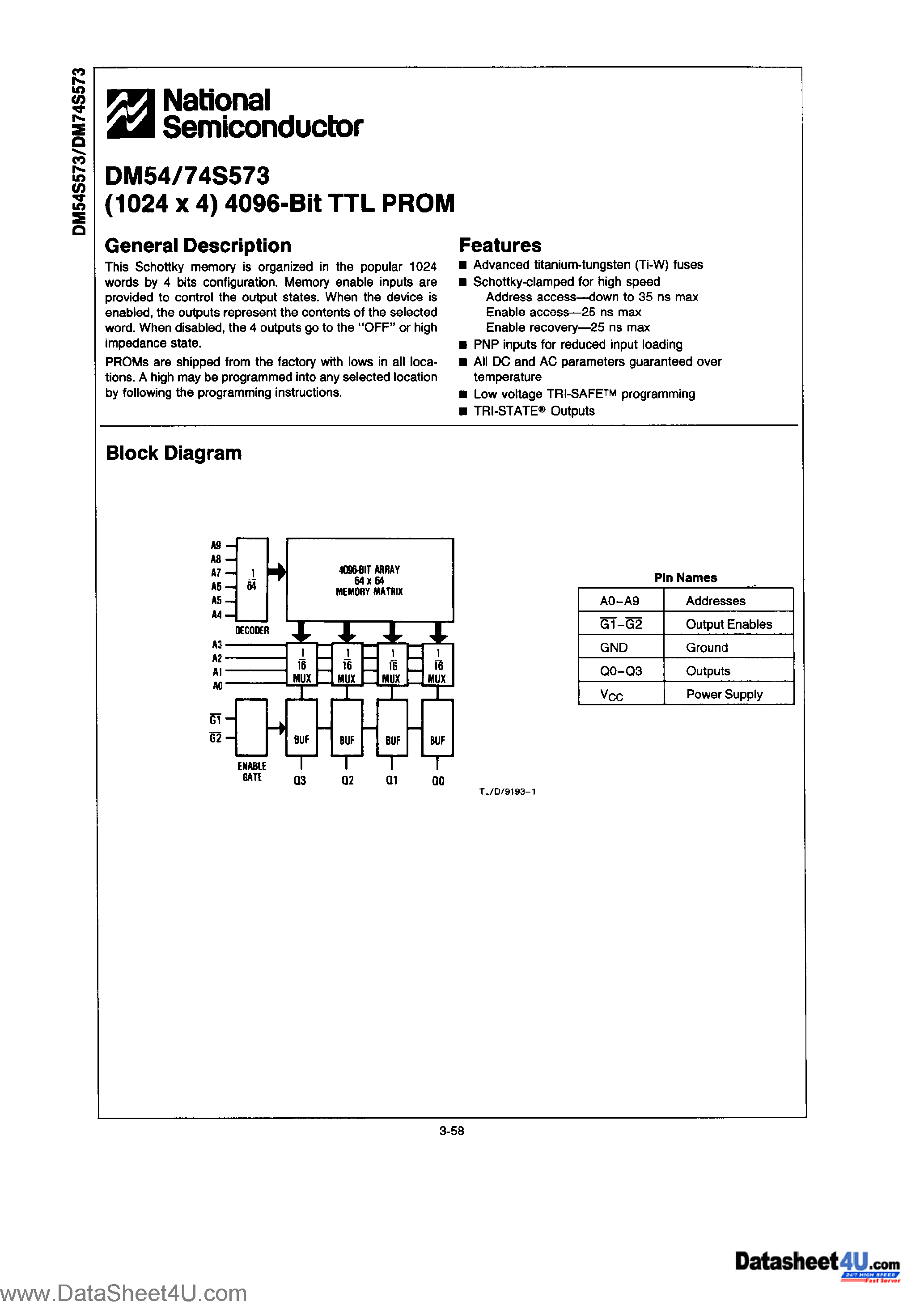 Datasheet DM74S573 - (1024 X 4) 4096-BIT TTL PROM page 1