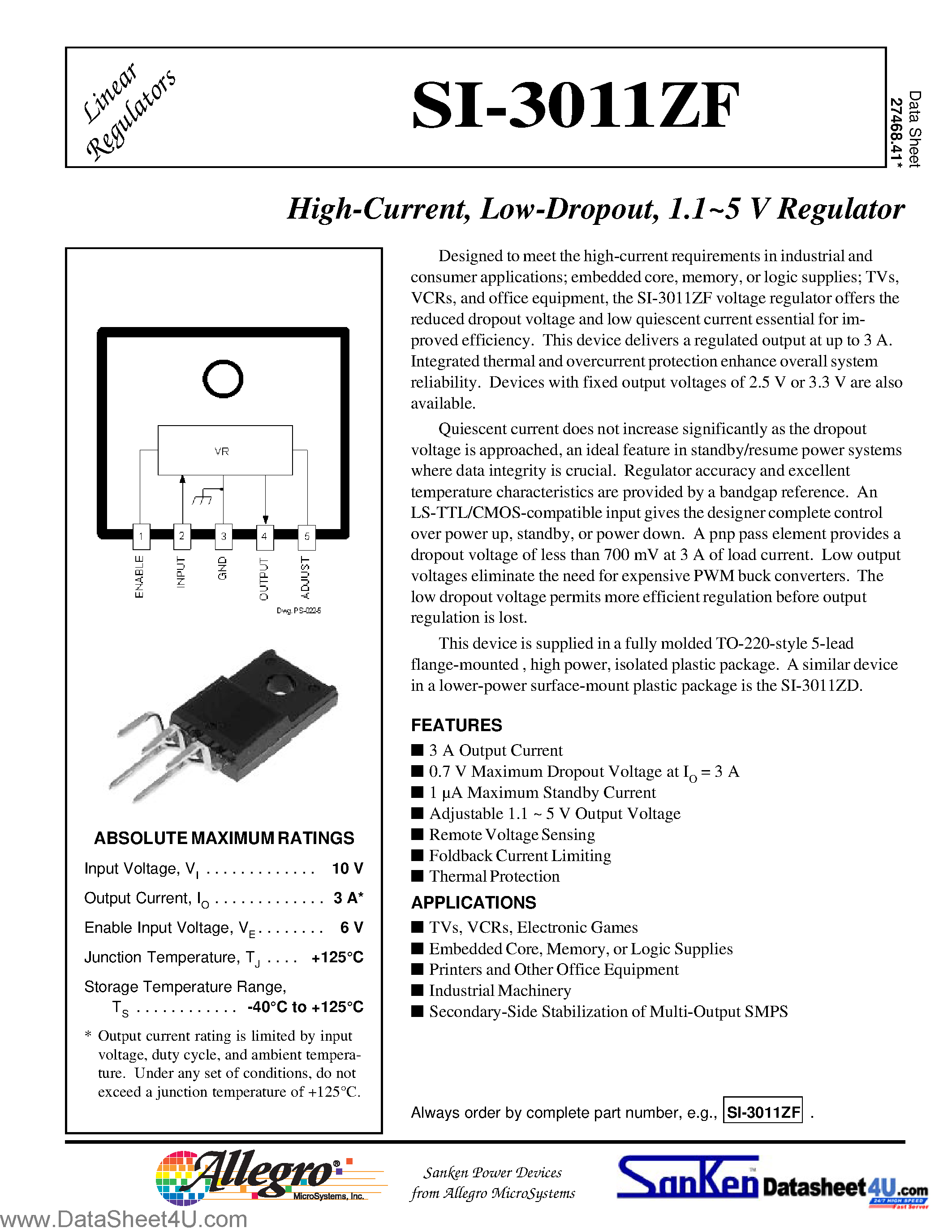 Даташит на микросхему SI-3011ZF страница 1 Даташит SI-3011ZF - High-Current / Low-Dropoiut / 1.1 - 5V Regulator страница 1