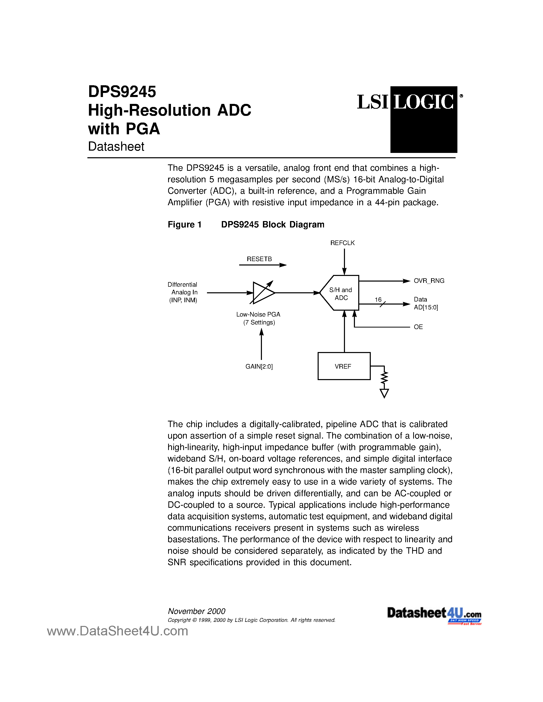Datasheet DPS9245 - High-resolution ADC With Pga Datasheet 11/00 page 1