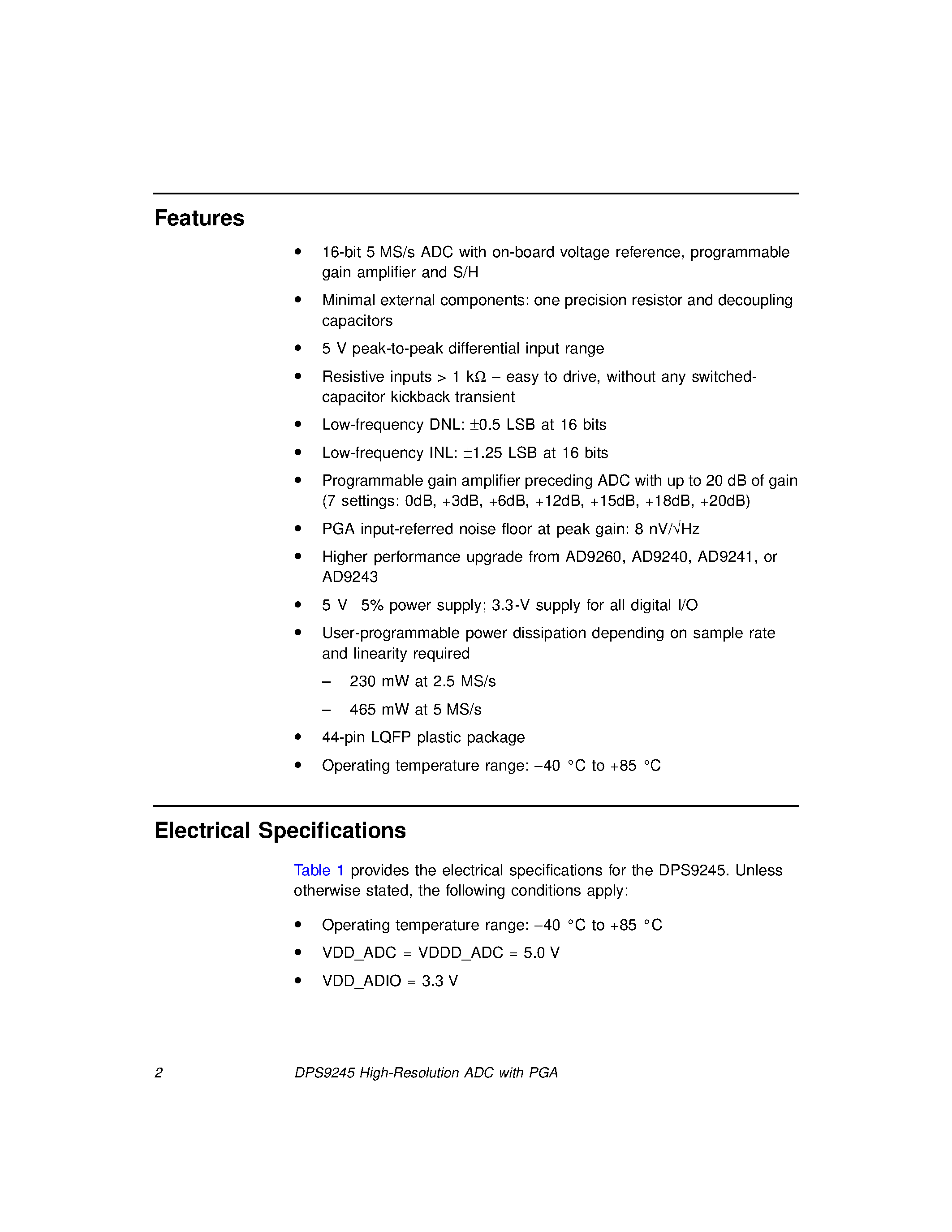 Datasheet DPS9245 - High-resolution ADC With Pga Datasheet 11/00 page 2