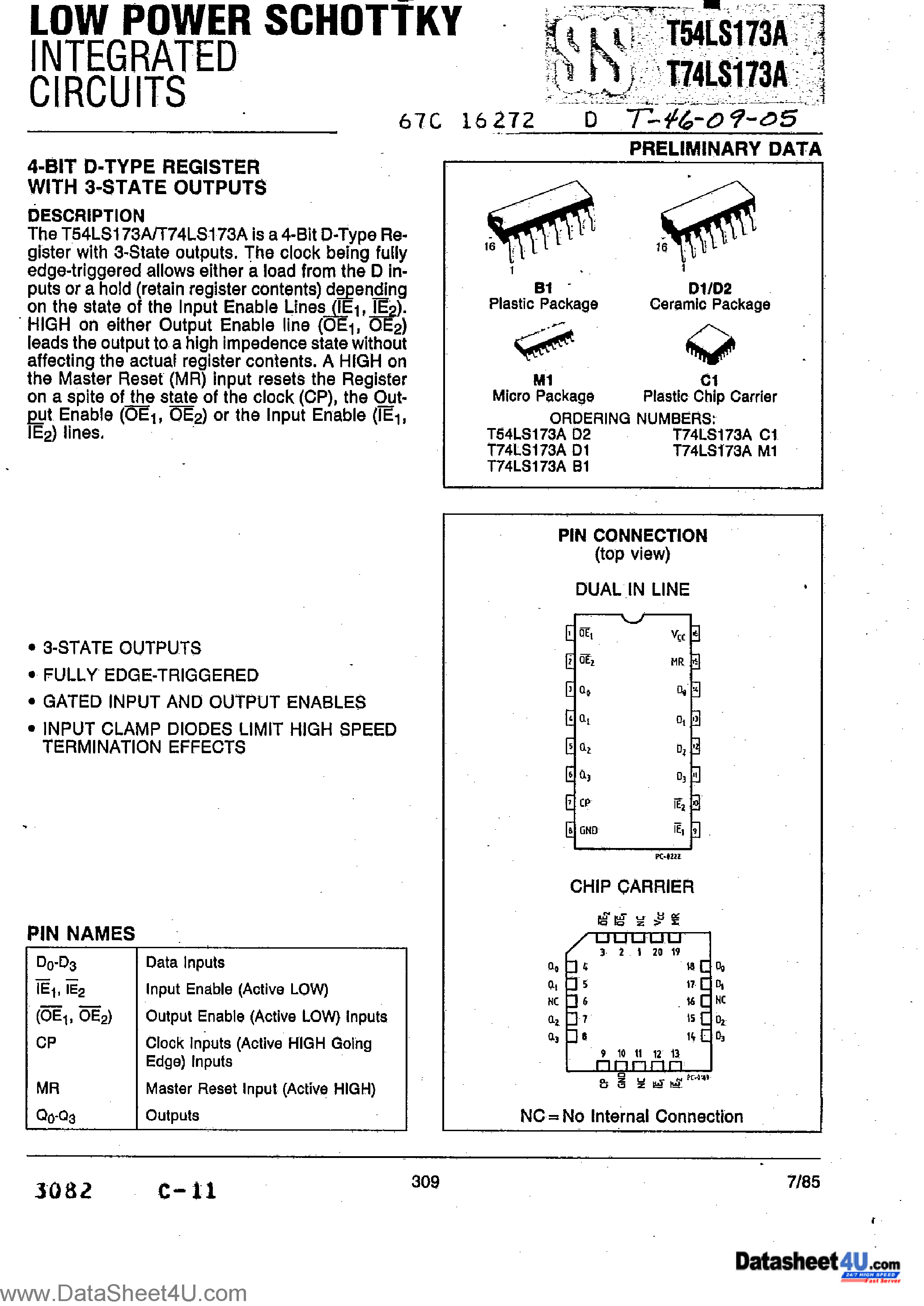 Даташит T74LS173A - 4-Bit D-Type Register страница 1
