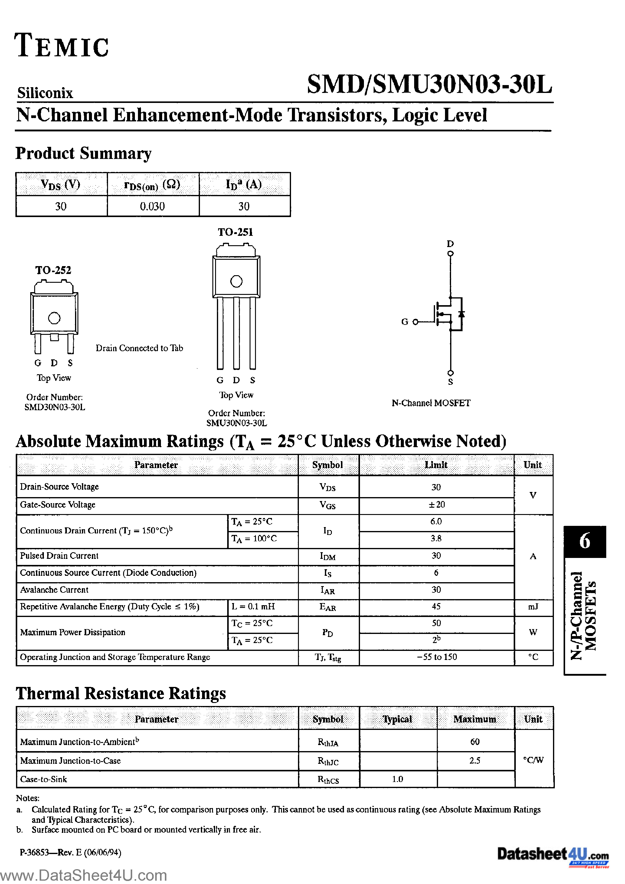 Datasheet SMD30N03-30L page 1 Datasheet SMD30N03-30L - N-Channel Enhancement Mode Transistors page 1