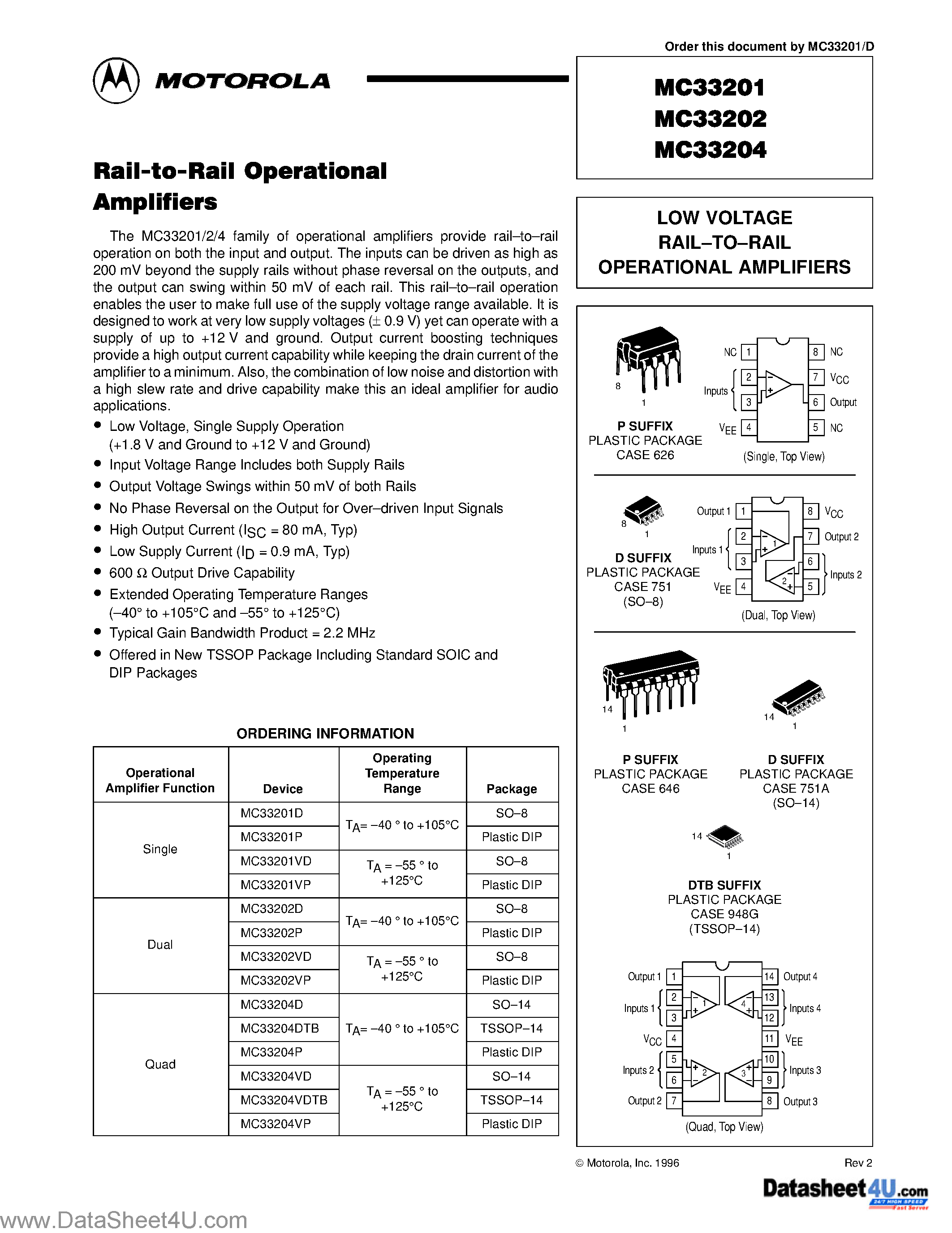 Даташит MC33201 - (MC33201 - MC33204) Amplifiers and Comparators страница 1
