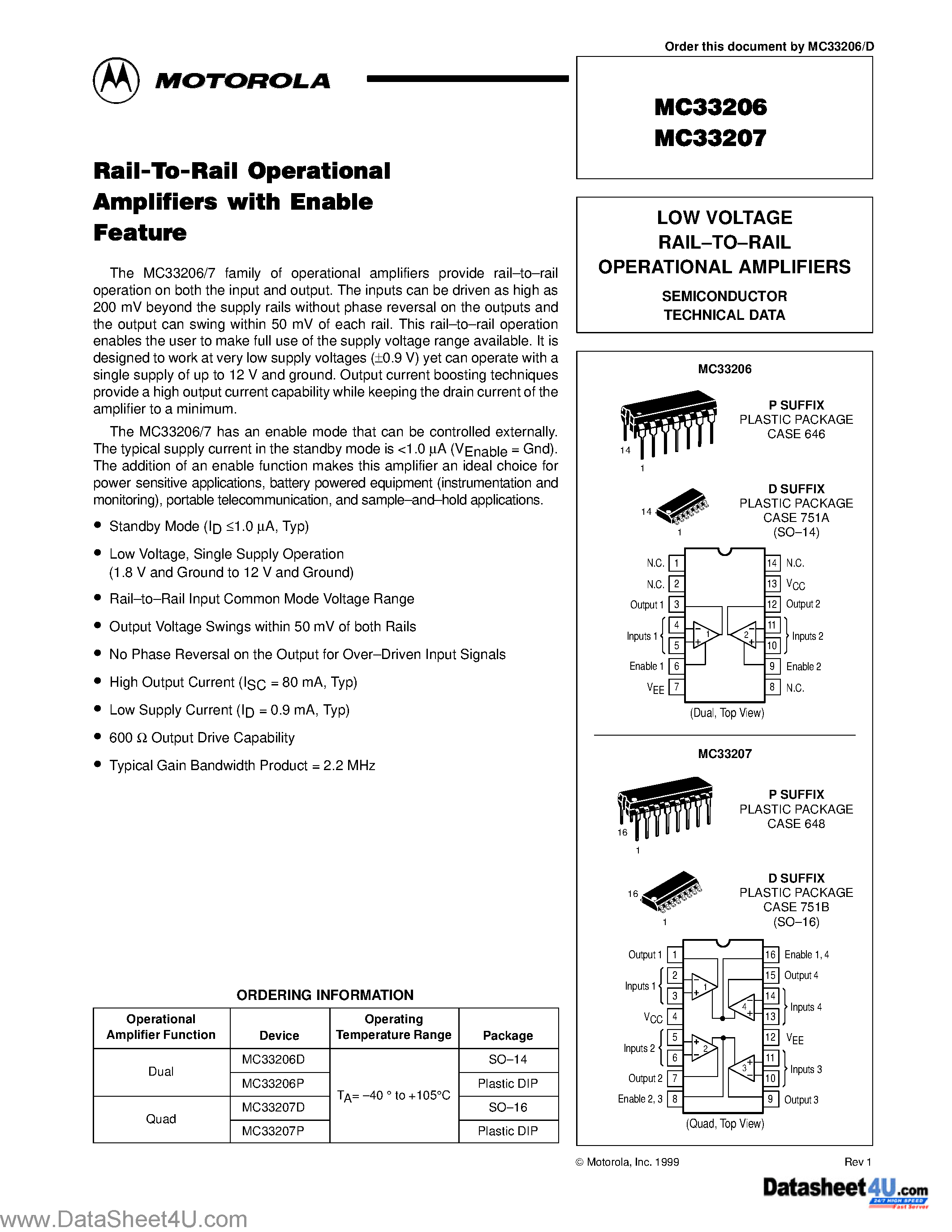Даташит MC33206 - (MC33206 / MC33207) LOW VOLTAGE RAIL-TO-RAIL OPERATIONAL AMPLIFIERS страница 1