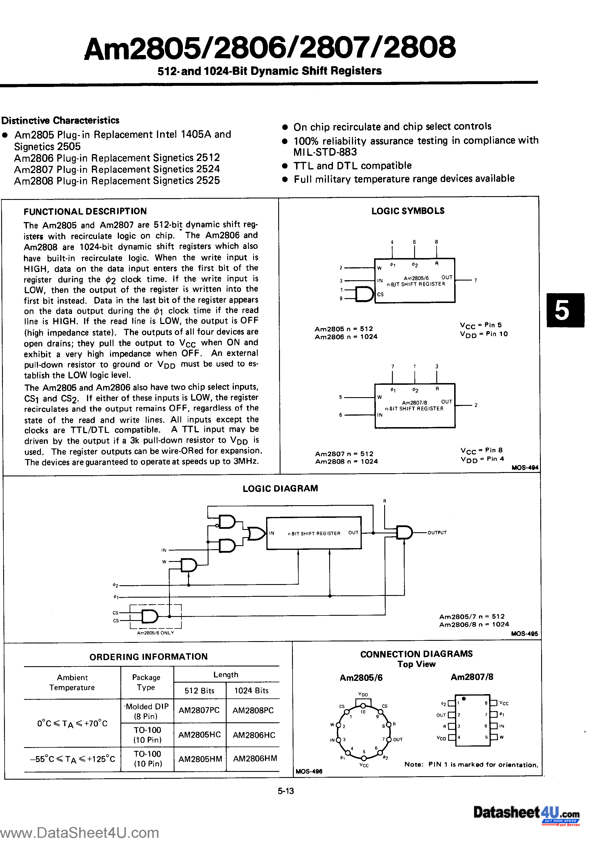 Даташит на микросхему AM2805 страница 1 Даташит AM2805 - (AM2805 - AM2808) Dynamic Shift Registers страница 1