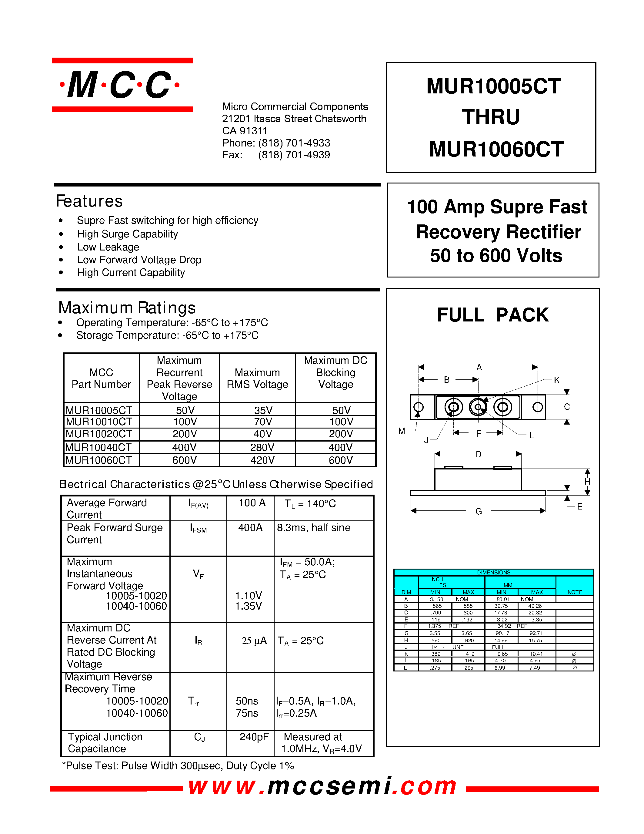 Даташит MUR10005CT - (MUR10005CT - MUR10060CT) 100 Amp Supre Fast Recovery Rectifier 50 to 600 Volts страница 1