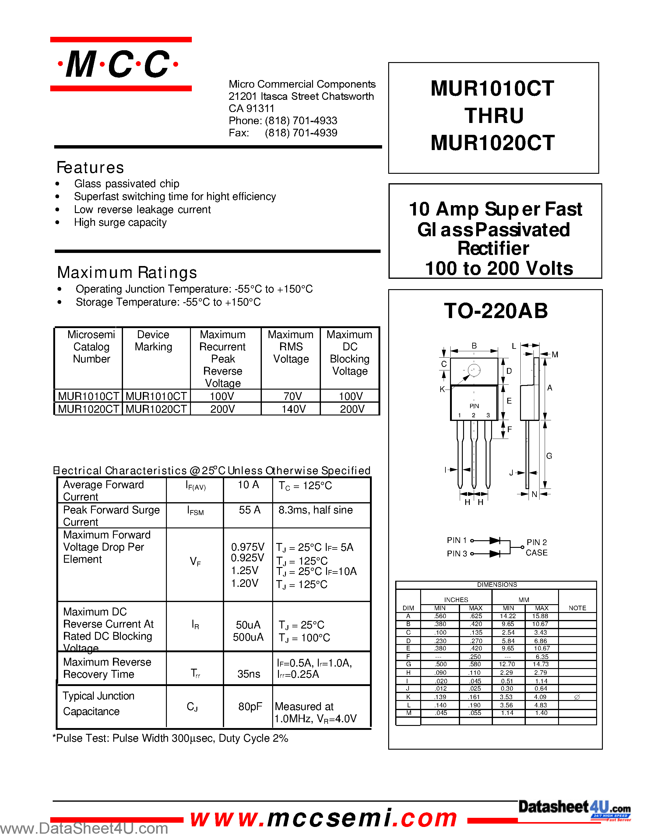 Даташит MUR1020CT - (MUR1010CT - MUR1020CT) 10 Amp Super Fast Gl ass Passivated Rectifier 100 to 200 Volts страница 1