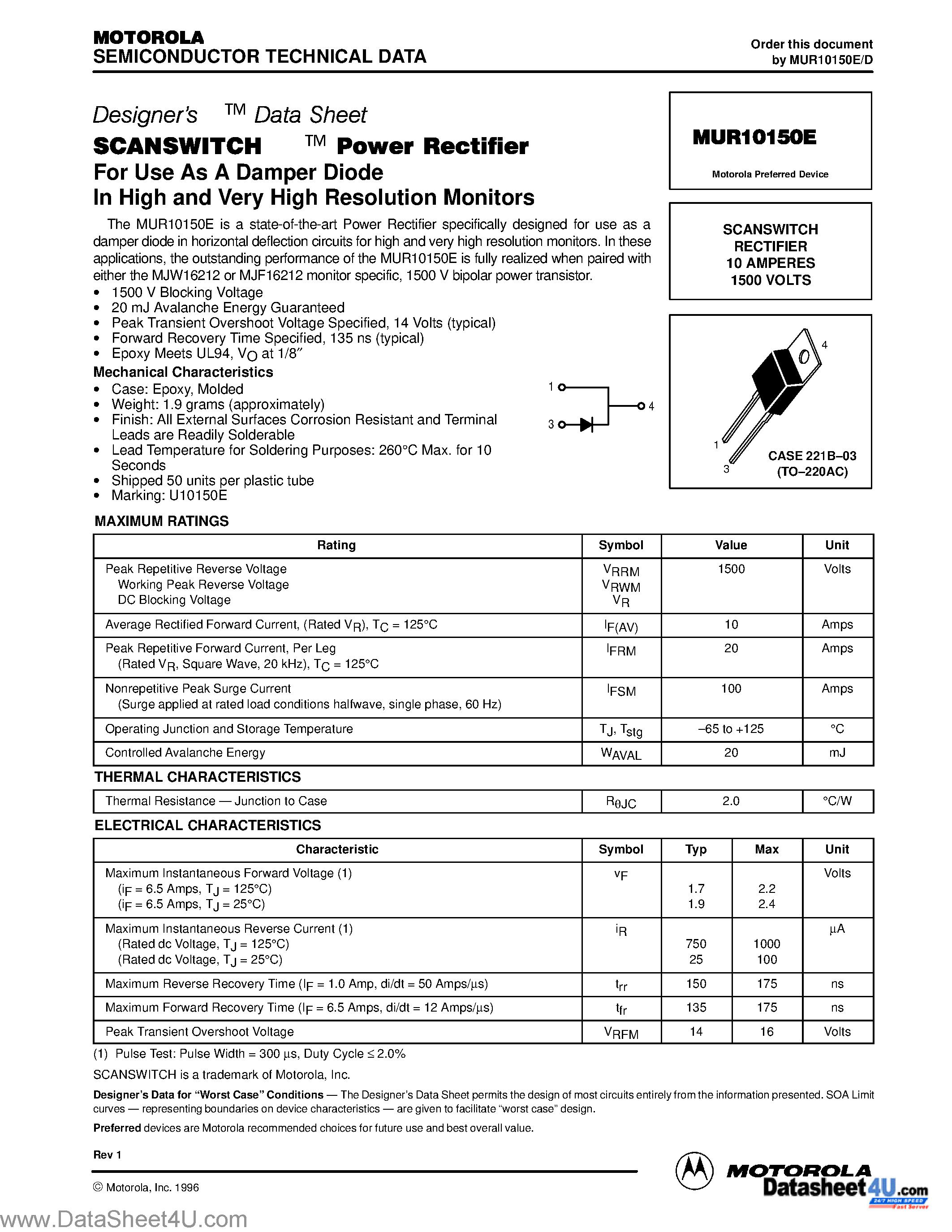 Даташит MUR10150E - SCANSWITCH RECTIFIER 10 AMPERES 1500 VOLTS страница 1