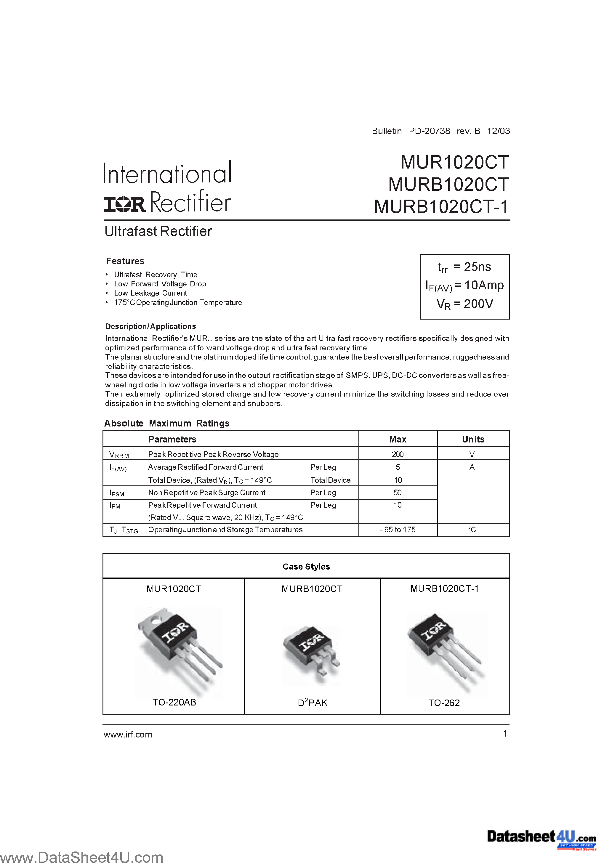 Datasheet MUR1020CT - Ultrafast Rectifier page 1