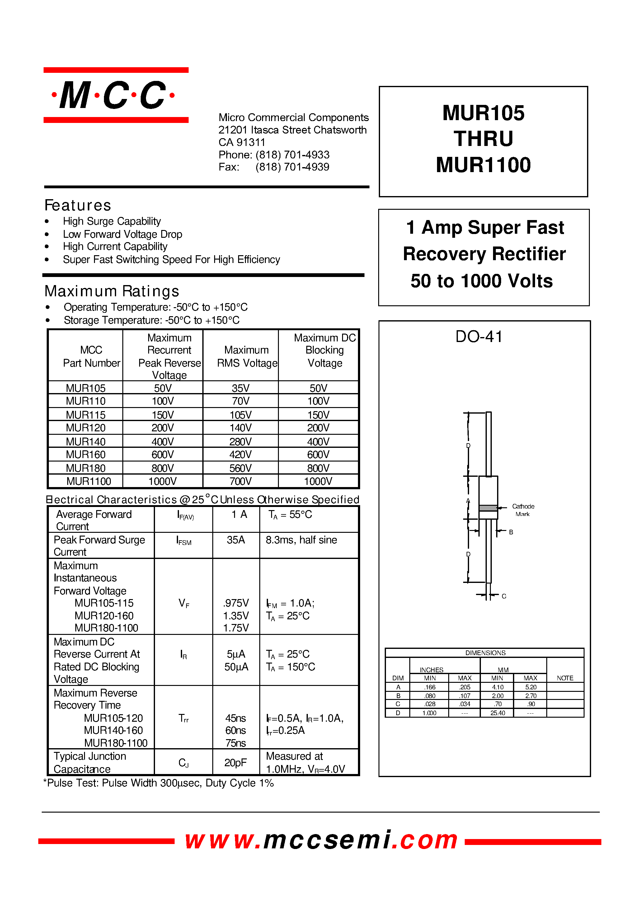 Datasheet MUR105 - (MUR105 - MUR1100) 1 Amp Super Fast Recovery Rectifier 50 to 1000 Volts page 1