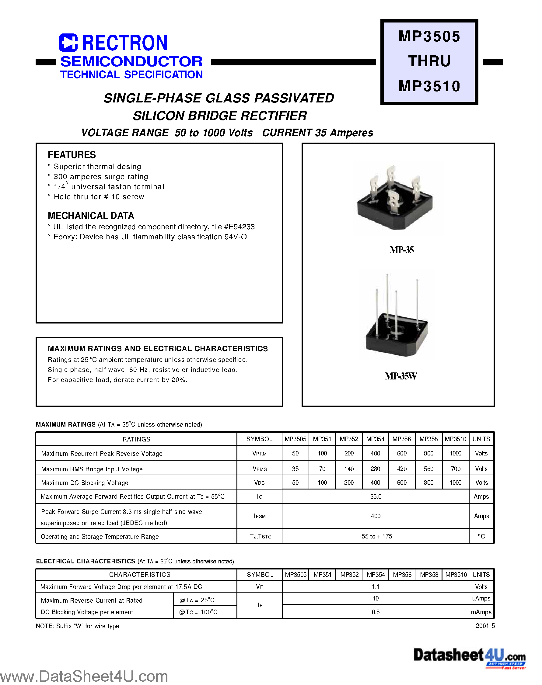 Даташит MP3505 - (MP3505 - MP3510) SINGLE-PHASE GLASS PASSIVATED SILICON BRIDGE RECTIFIER страница 1