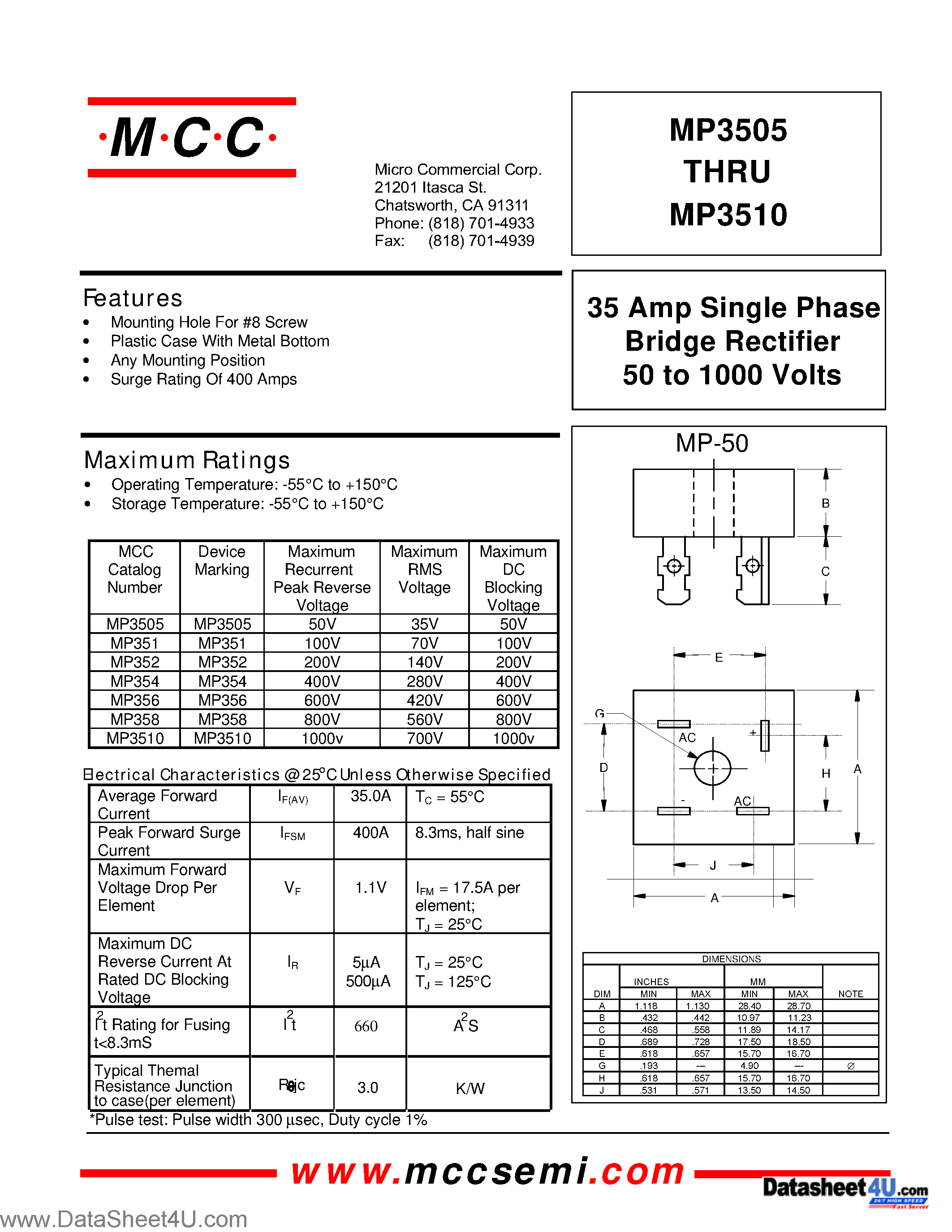 Даташит MP3505 - (MP3505 - MP3510) 35 Amp Single Phase Bridge Rectifier 50 to 1000 Volts страница 1