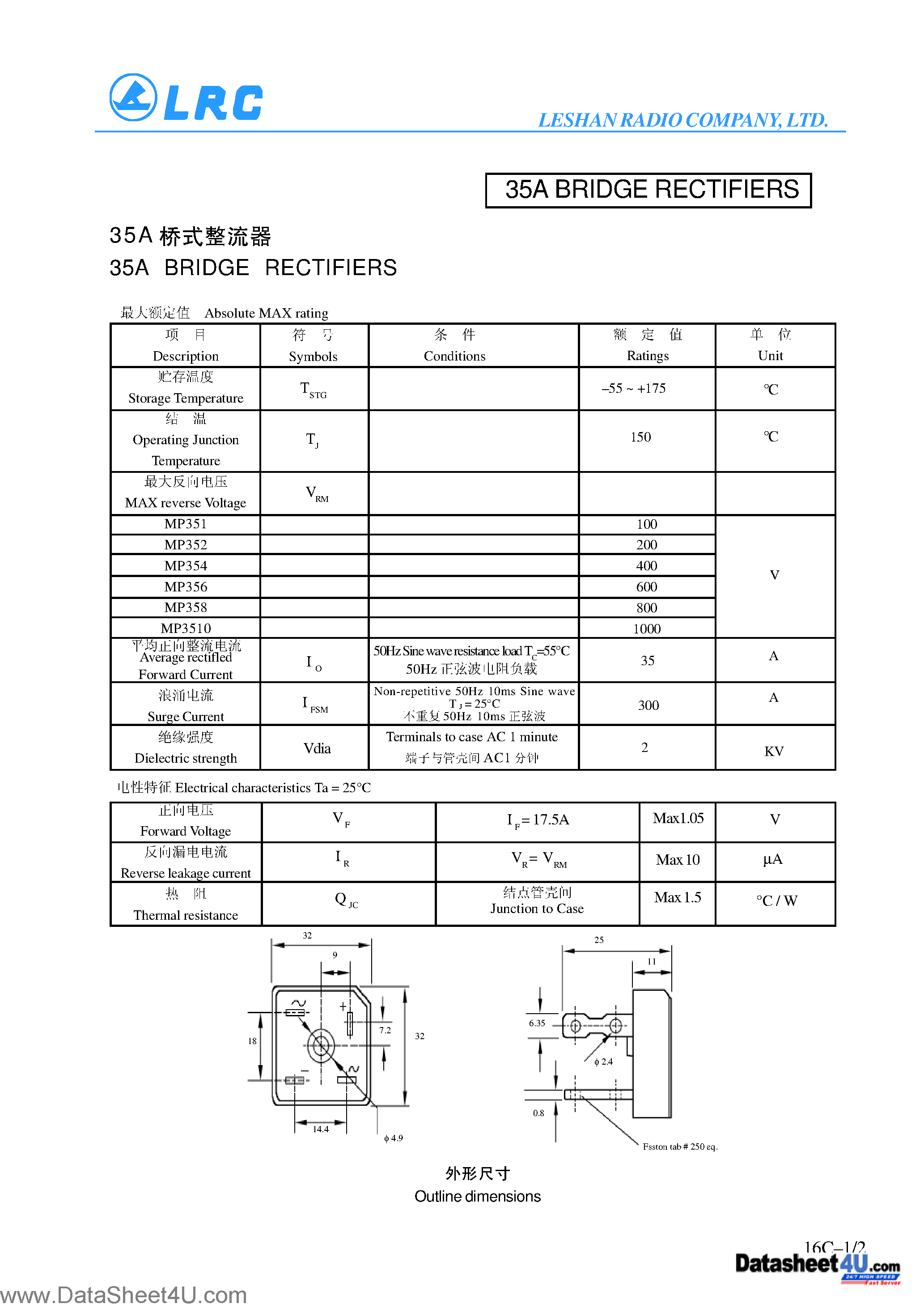 Datasheet MP351 - (MP351 - MP3510) 35A BRIDGE RECTIFIERS page 1