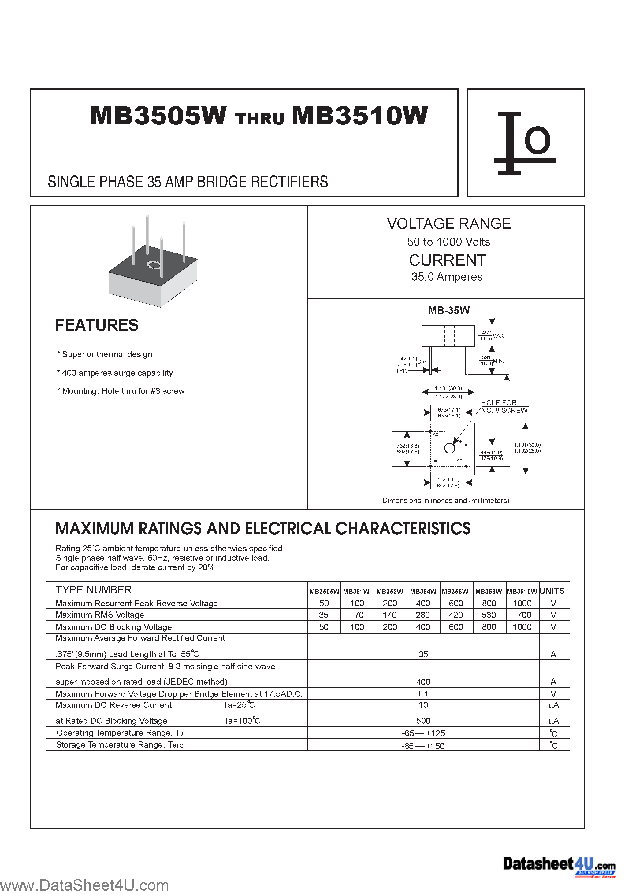 Datasheet MB3505W page 1 Datasheet MB3505W - (MB3505W - MB3510W) SINGLE PHASE 35 AMP BRIDGE RECTIFIERS page 1
