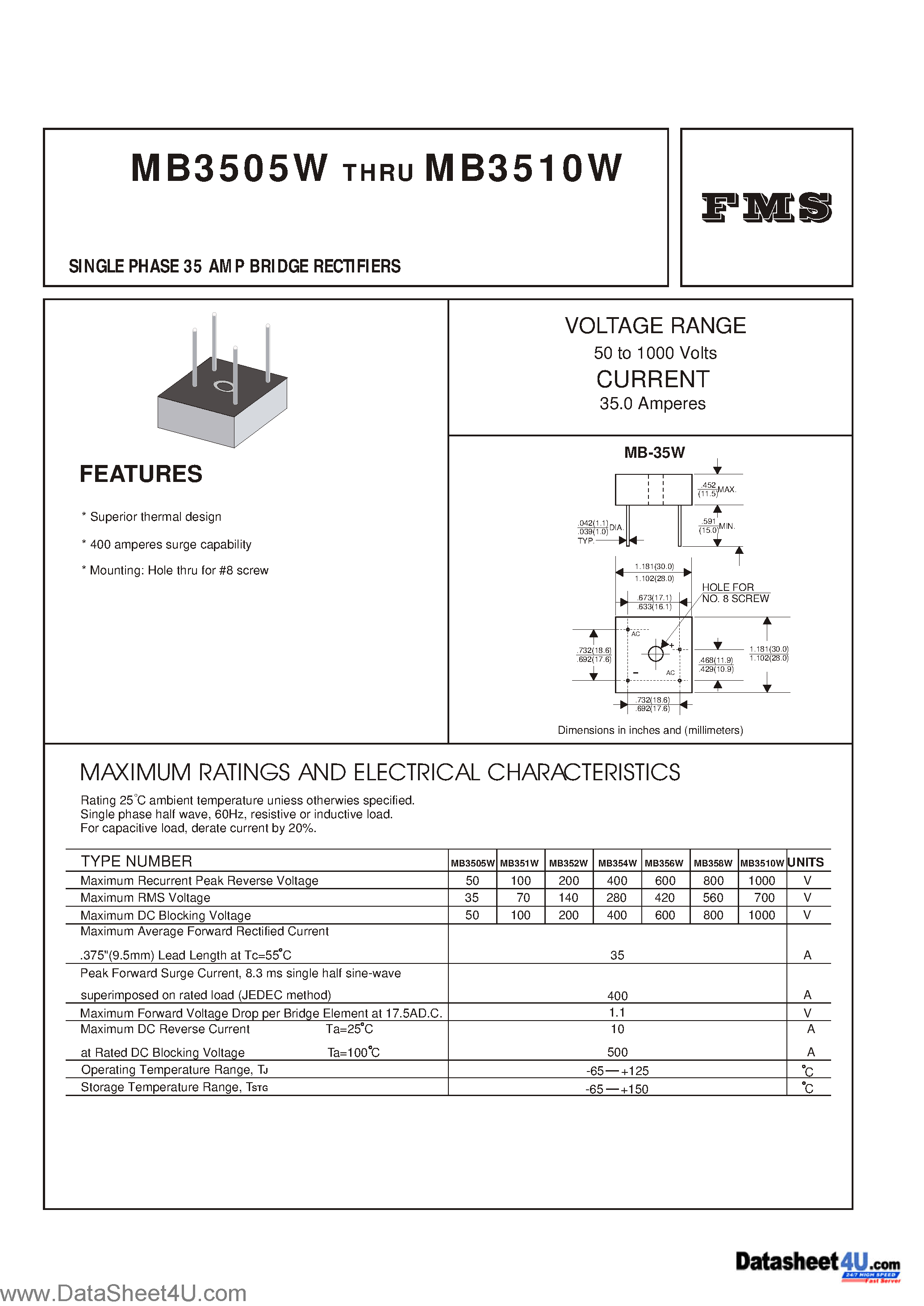 Datasheet MB3505W page 1 Datasheet MB3505W - (MB3505W - MB3510W) SINGLE PHASE 35 AMP BRIDGE RECTIFIERS page 1