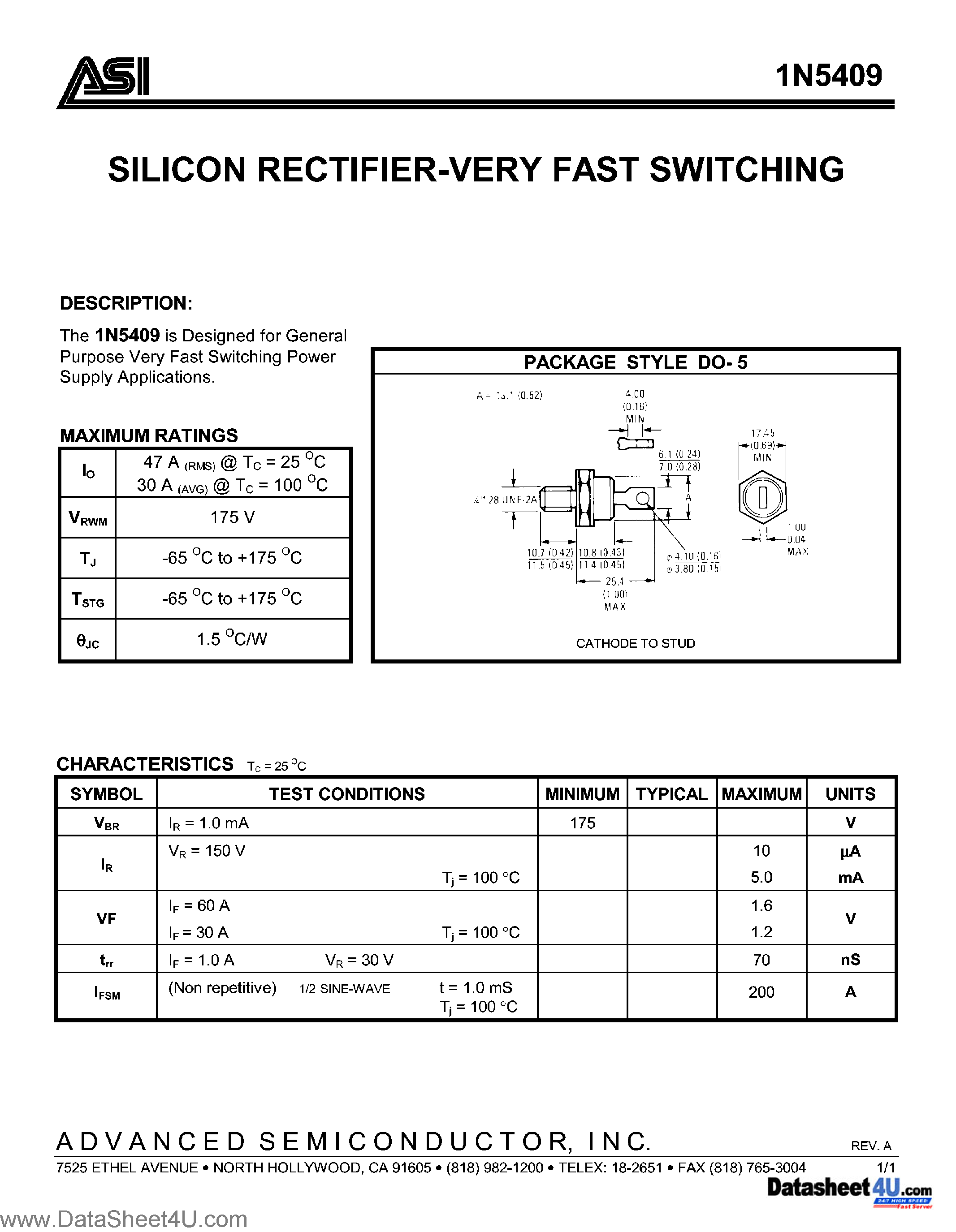 Datasheet 1N5409 - Silicon Rectifier - Very Fast Switching page 1
