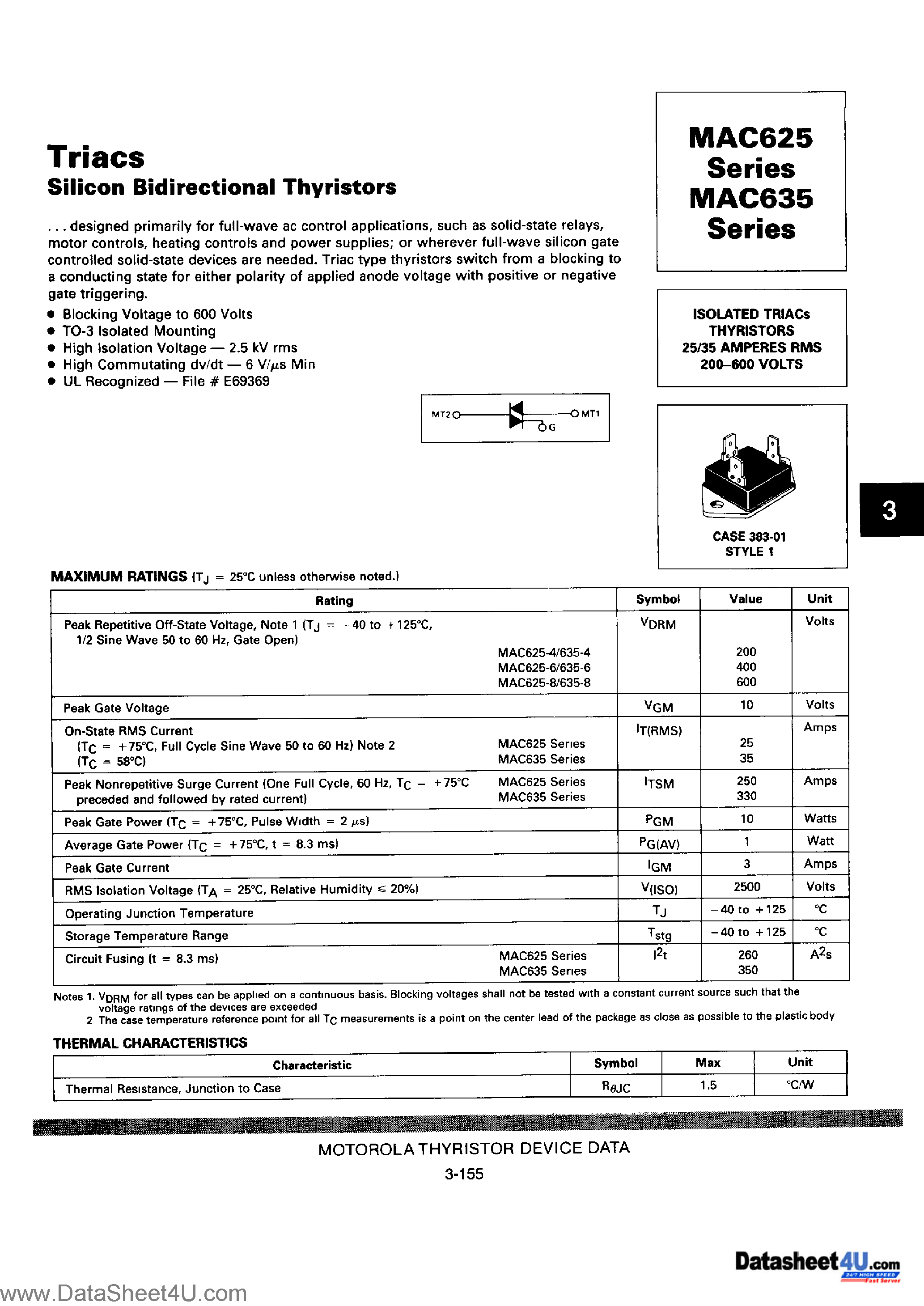Datasheet MAC625 page 1 Datasheet MAC625 - (MAC625 / MAC635) Triacs / Silicon Bidirectional Thyristors page 1