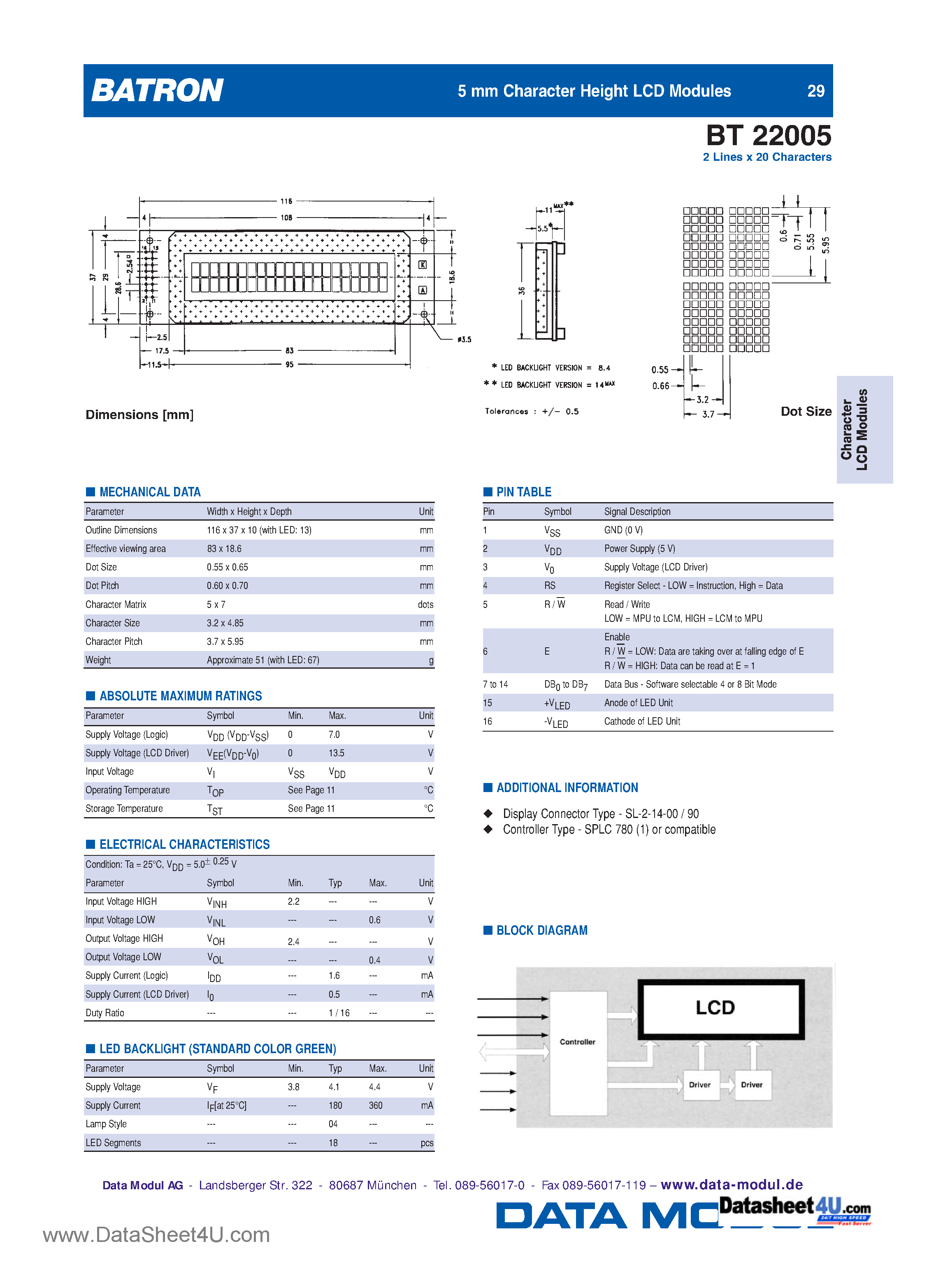 Datasheet BT22005 - 5 mm Character Height LCD Modules page 1