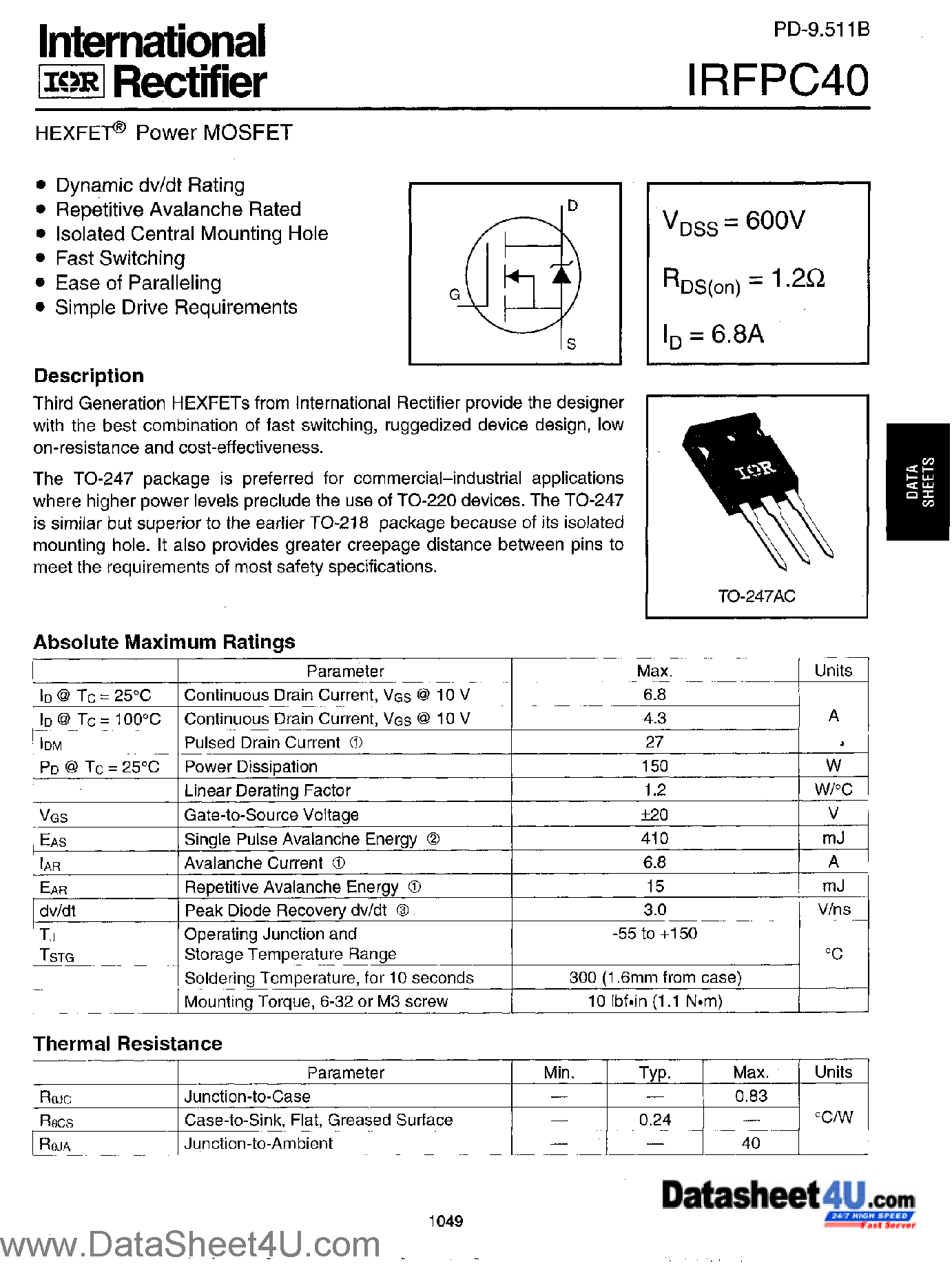 Datasheet IRFPC40 page 1 Datasheet IRFPC40 - Power MOSFET page 1