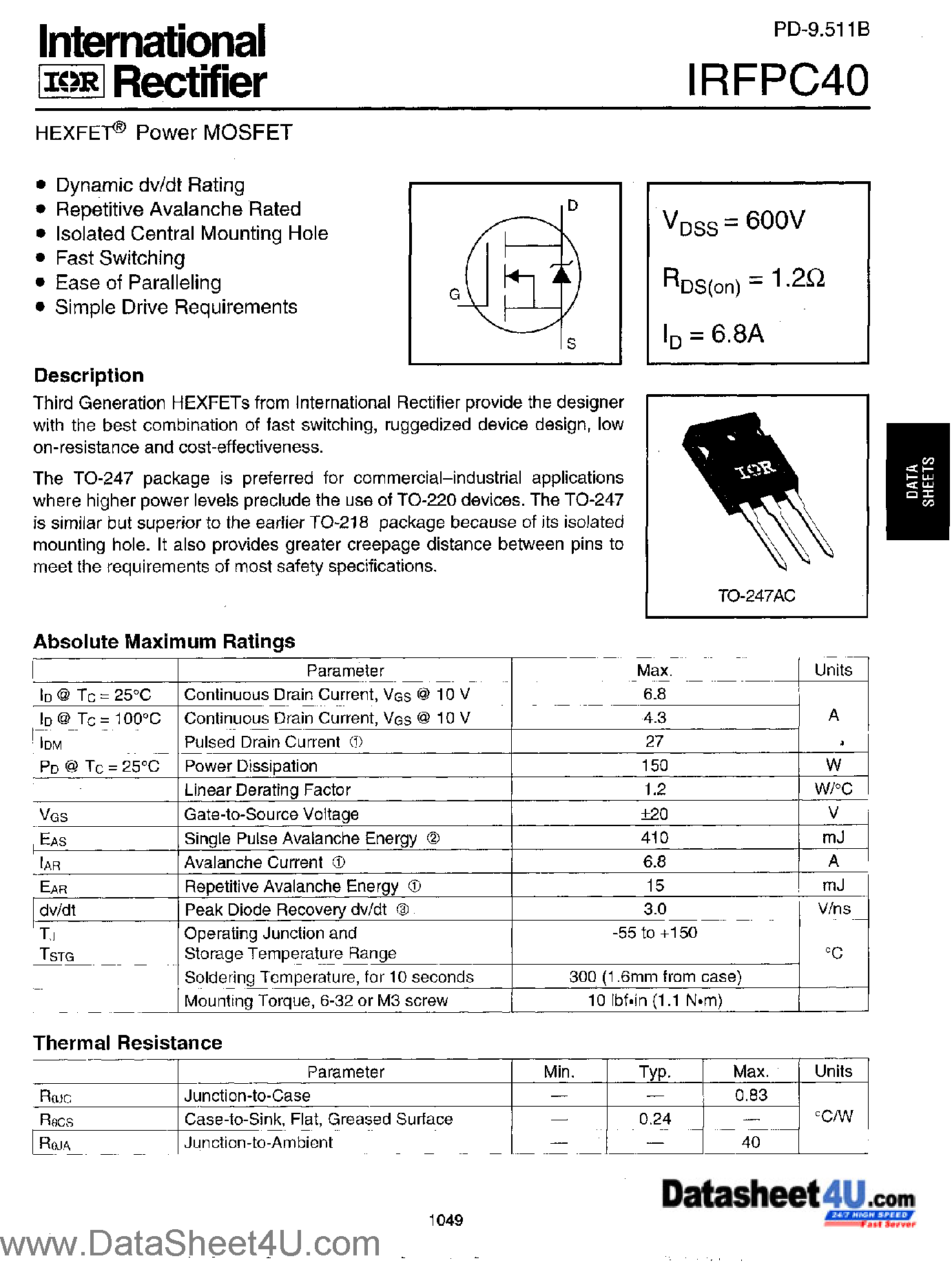 Даташит IRFPC40 - Power MOSFET страница 1