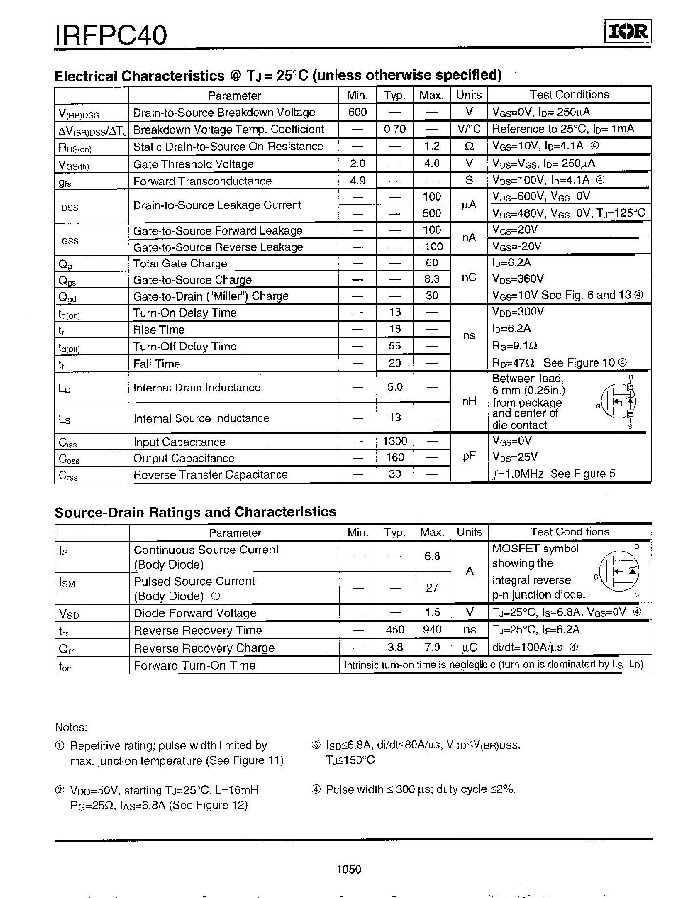 Datasheet IRFPC40 page 2 Datasheet IRFPC40 - Power MOSFET page 2