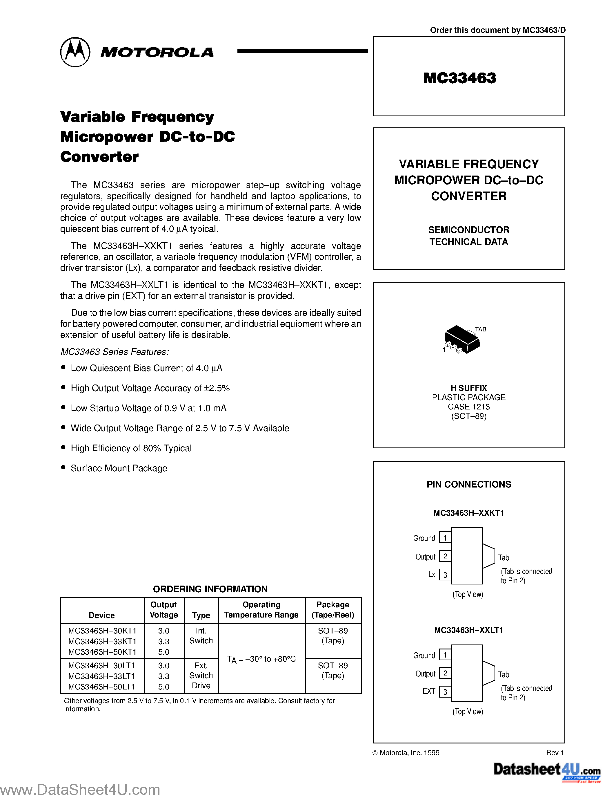 Datasheet MC33463 page 1 Datasheet MC33463 - VARIABLE FREQUENCY MICROPOWER DC-to-DC CONVERTER page 1