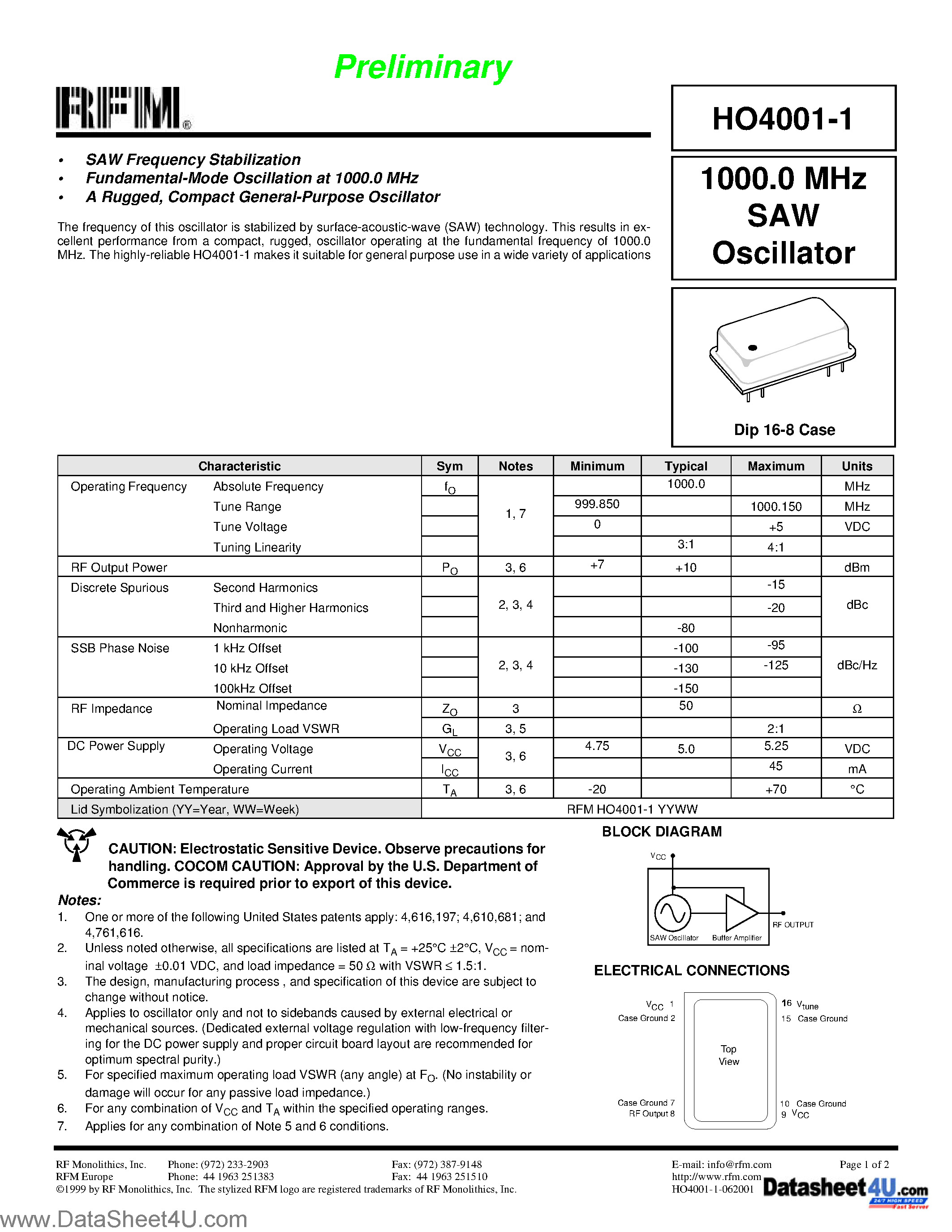 Даташит HO4001-1 - 1000.0 MHz SAW Oscillator страница 1